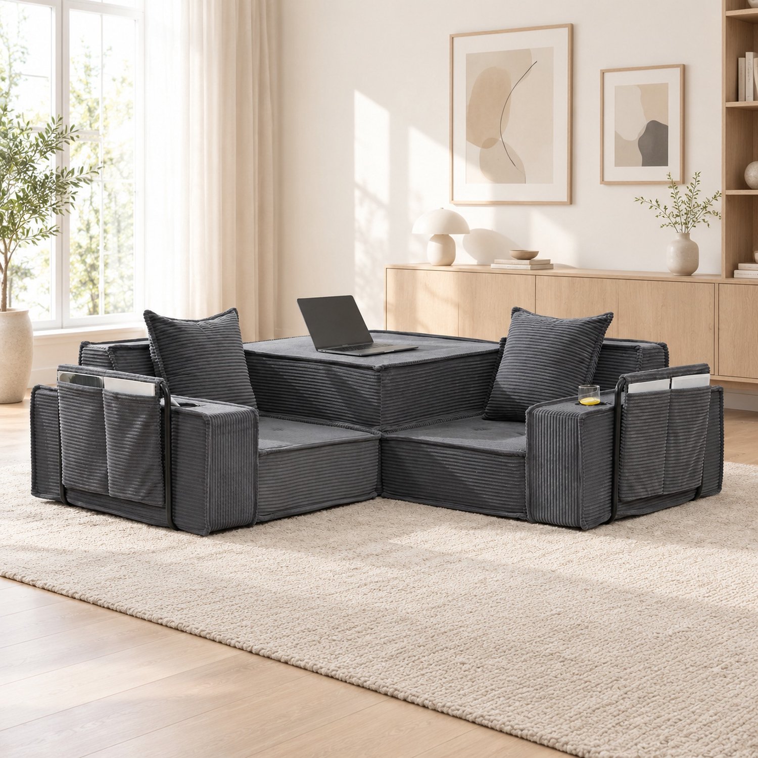 WUVRIE 2-zits slaapbank 162 x 78 x 66 cm - Modulaire bank met zijvakken en bekerhouders - Donkergrijs