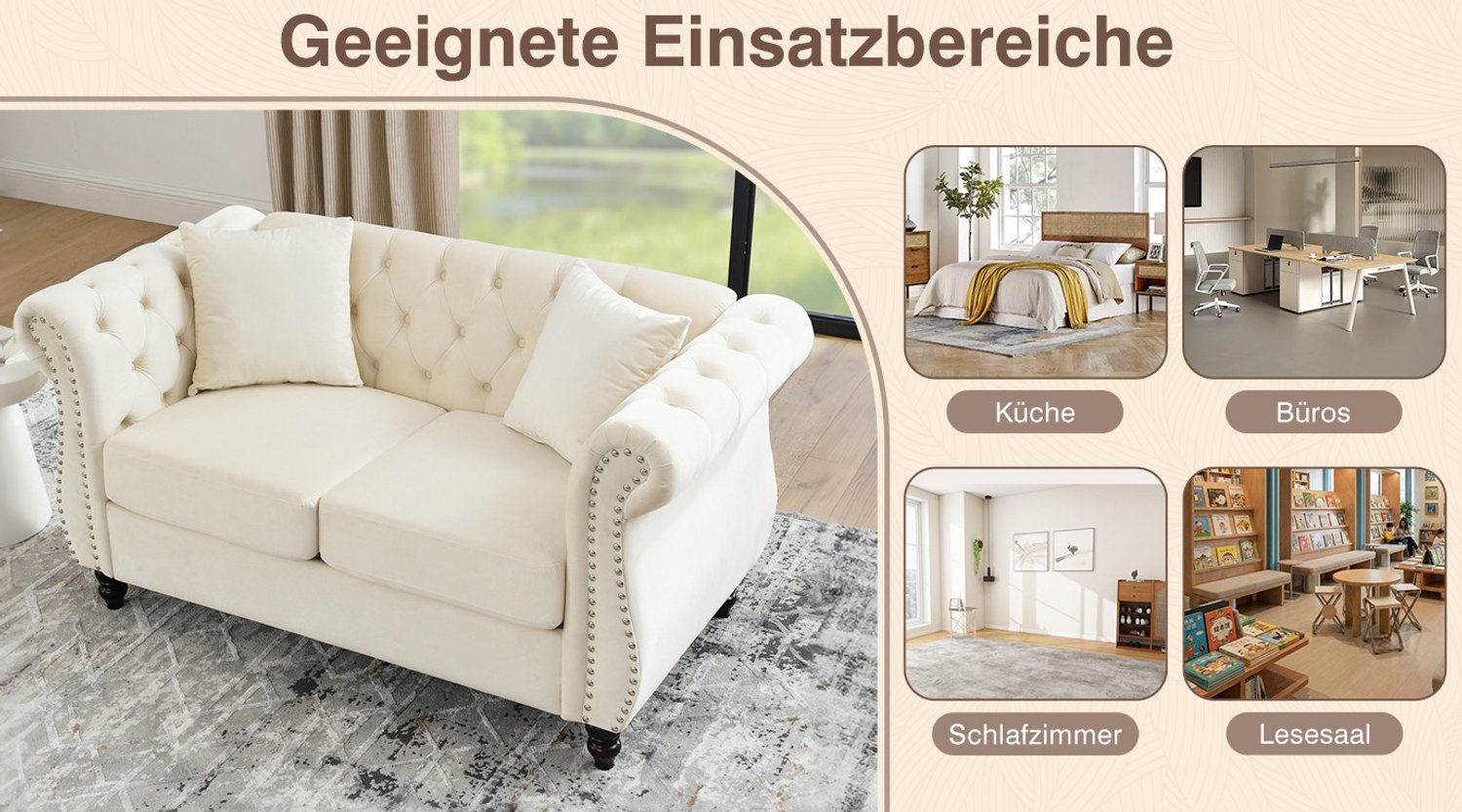 Wishdor Chesterfield bank - Tweezitsbank met knopen - Gebogen armleuningen en zilverkleurige nagelkoppen - Klassiek voor woonkamer slaapkamer kantoor - Fluweel - Beige