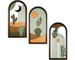 3-delige Boho Wanddecoratie - Gebogen Houten Plant Art Prints met Cactus en Plantenpatronen, Moderne Wanddecoratie voor Woonkamer en Slaapkamer