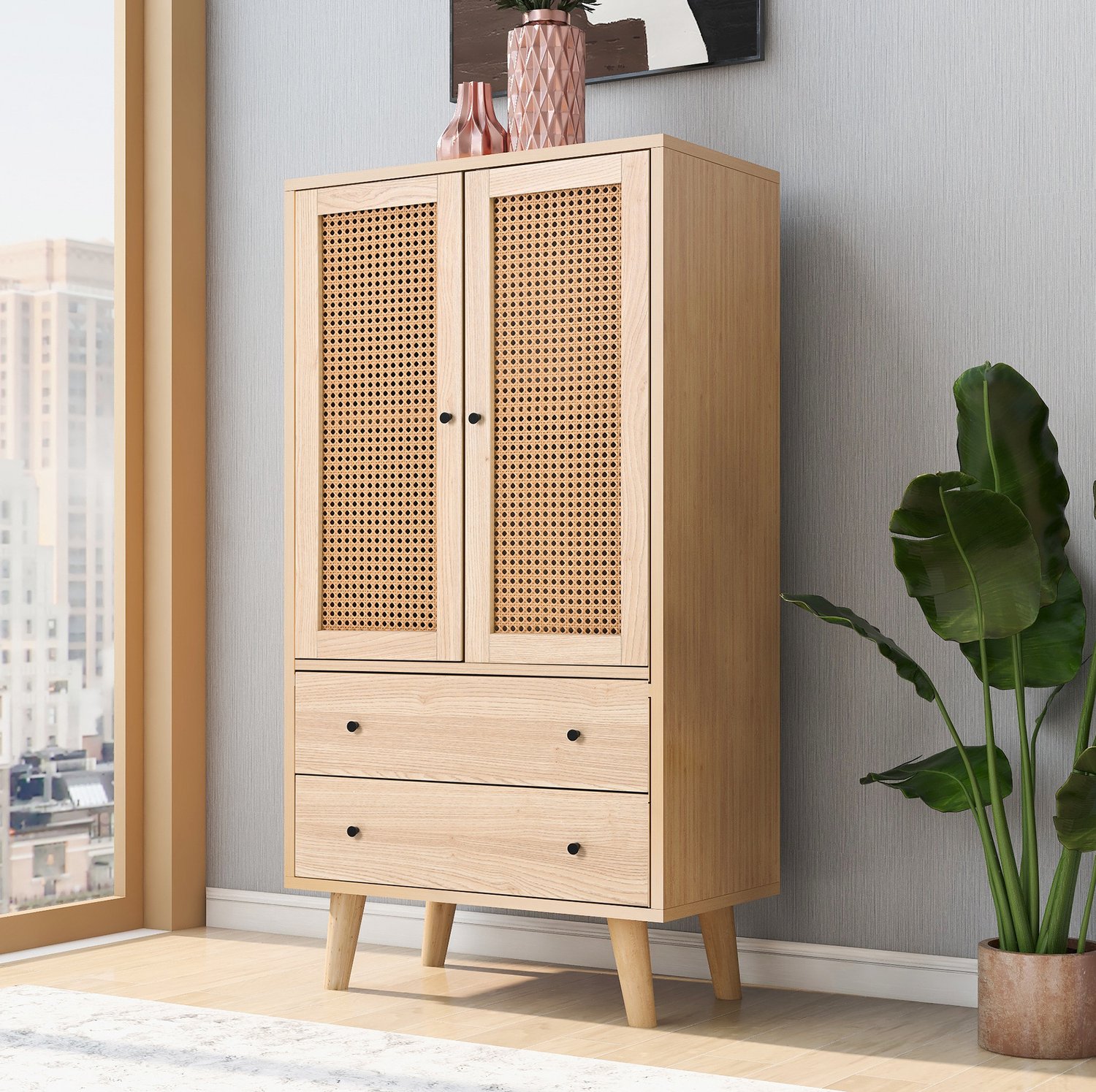 Dressoir 60 x 40 x 120 cm met 2 deuren en 2 lades, spaanplaat, eikenkleur