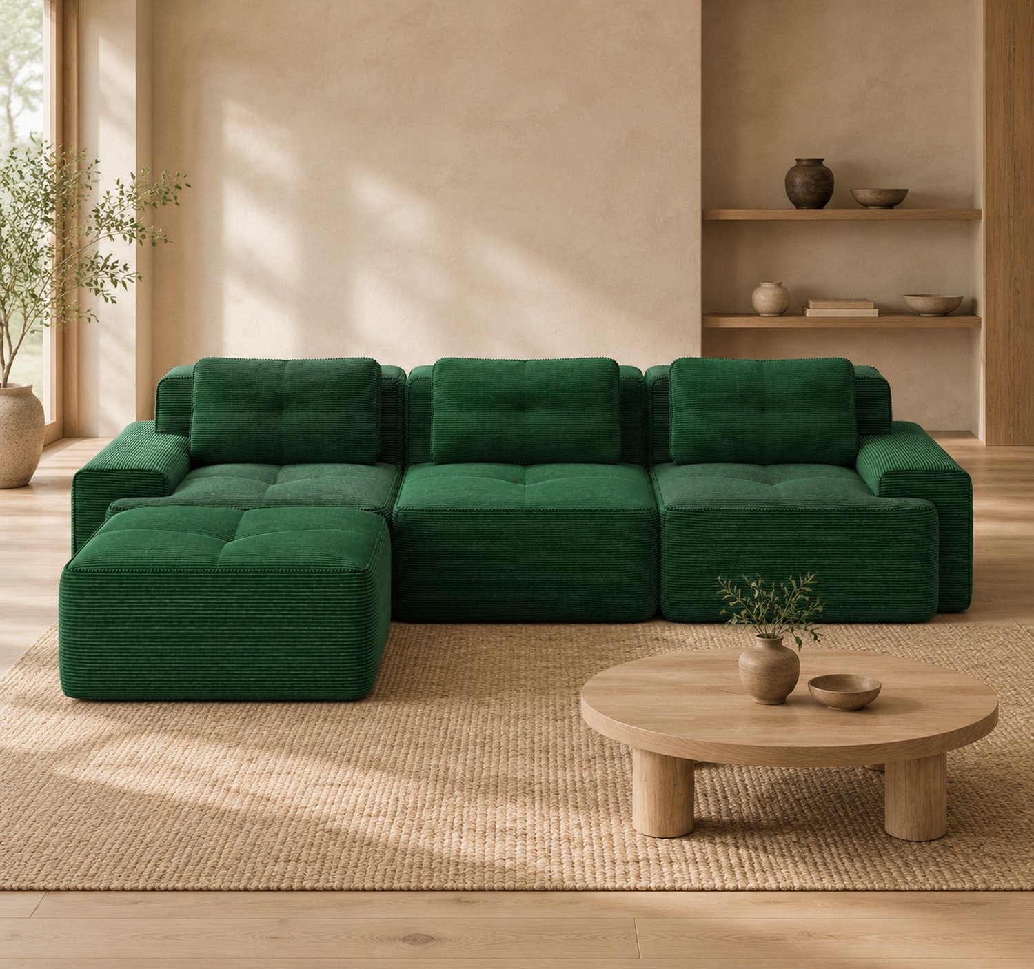 WUVRIE Modulaire hoekbank 293x177 cm - 3-zits met ottoman en diepe zitting - Groen