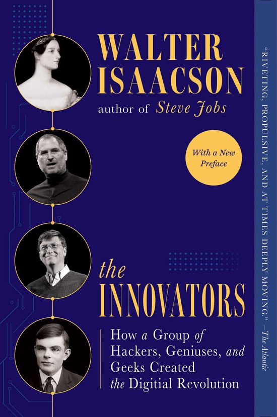 Boekomslag van The Innovators door Walter Isaacson, met portretten van historische figuren op een blauwe achtergrond.