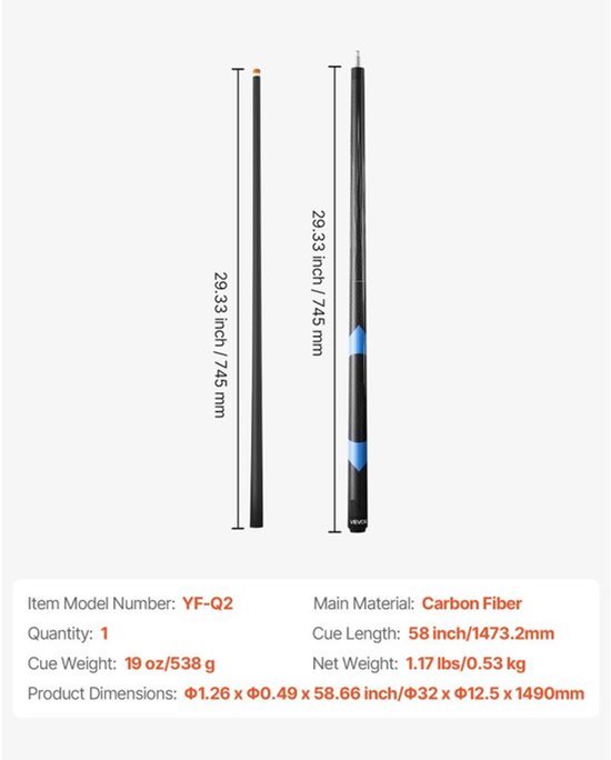 Biljartkeu Carbon Fiber - 58 Inch Lengte - 538 Gram Gewicht - Zwart - Poolkeu - Beginnerskeu — afbeelding 5