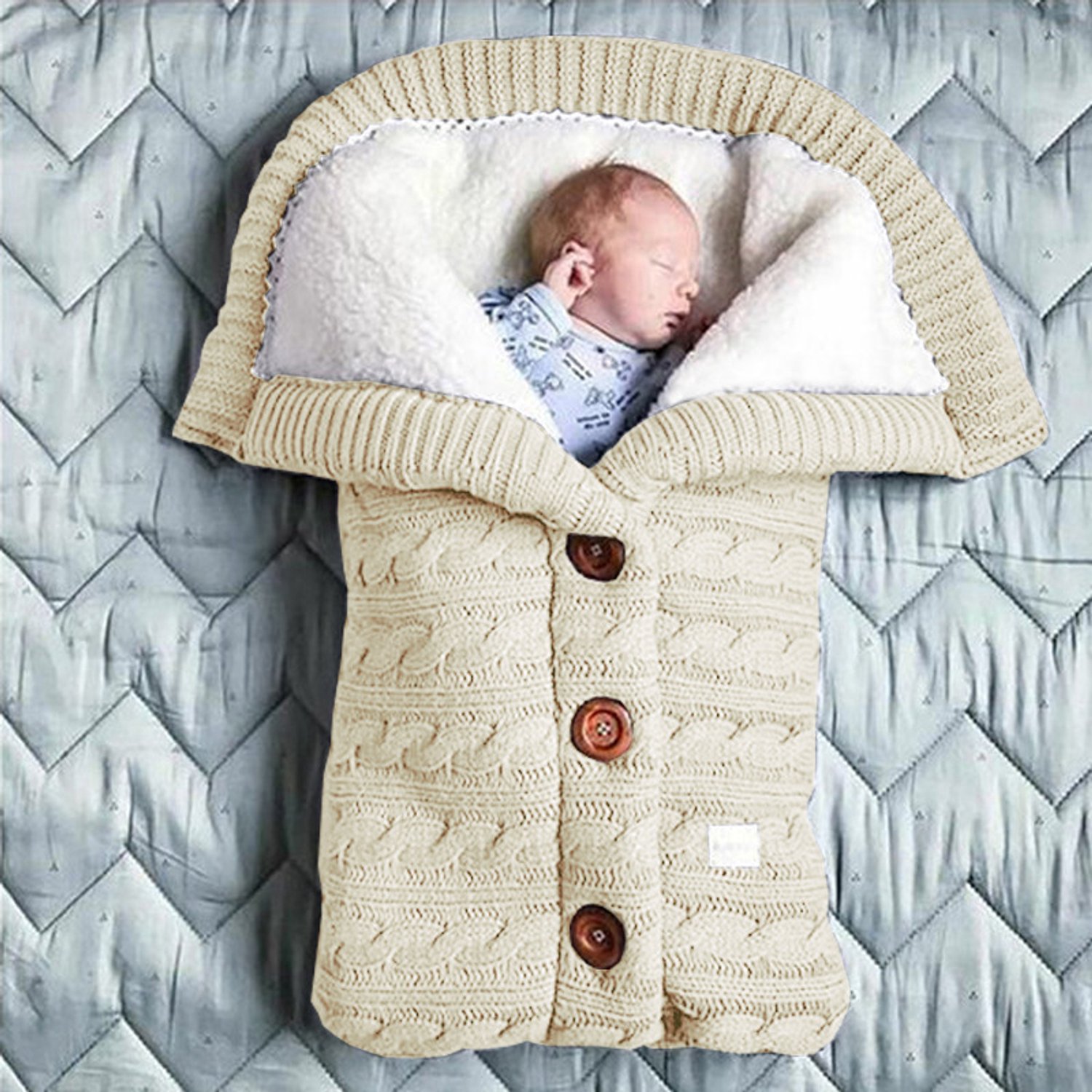 Unisex winterbabydeken – Zachte en dikke gebreide fleece inbakerdeken (geschikt voor zowel jongens als meisjes) – Inbakerdeken voor in de kinderwagen (beige, één maat)