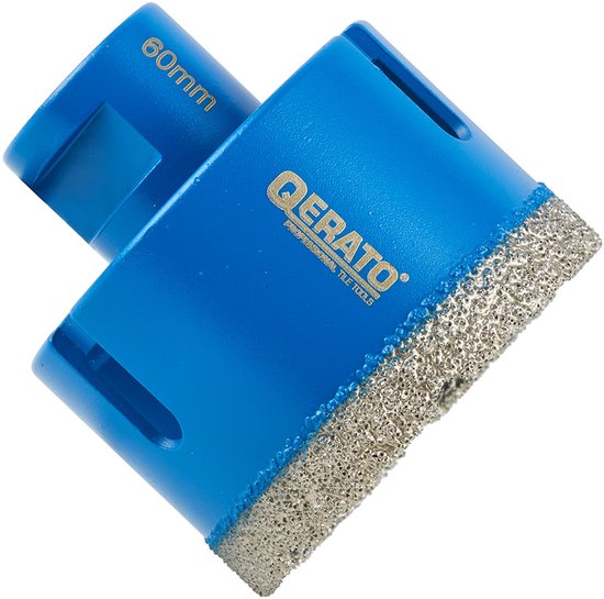 Qerato 60mm diamantboor, blauwe behuizing, met zilverkleurige diamantkorrels aan de snijrand.
