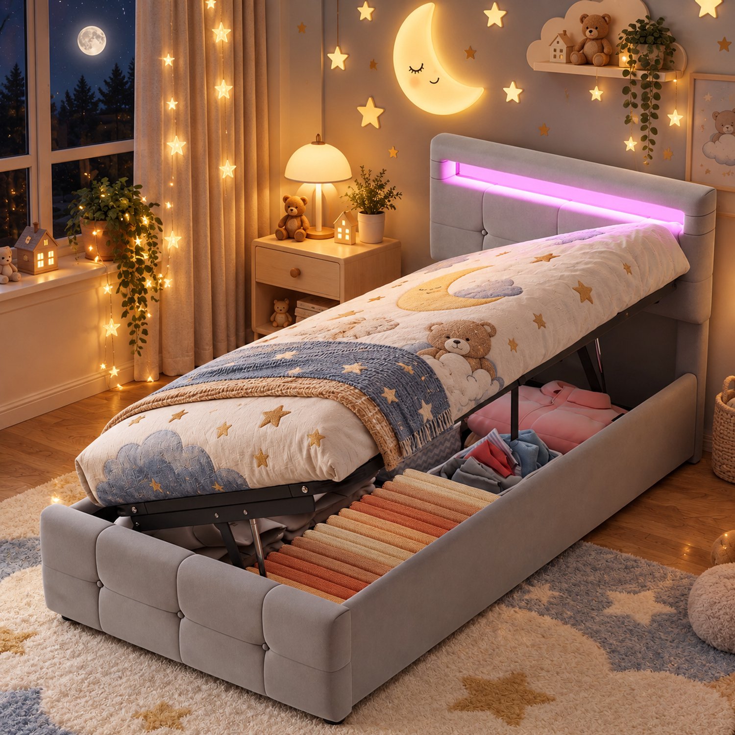 Welltin Kinderbed 90x200 cm - Eenpersoonsbed - Gestoffeerd bed - Opbergbed - Multifunctioneel bed - Met in hoogte verstelbaar hoofdbord - Met led-lichtstrip - Met opbergvak - Flueel - Stevige constructie - Grijs