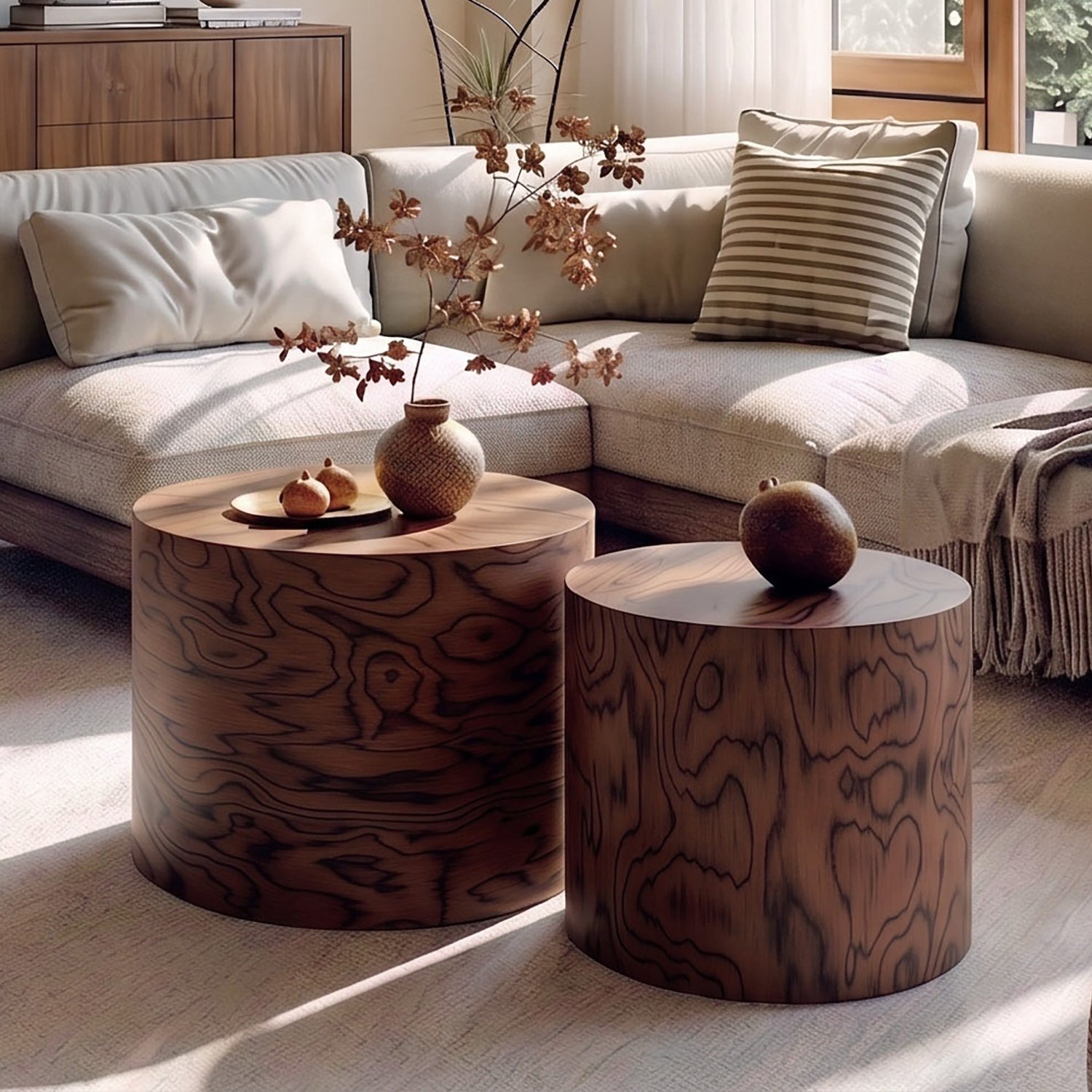 MIVRAY Salontafelset - Twee Ronde Nesttafels Met Houtnerf - Voor Woonkamer Slaapkamer Of Kantoor - MDF - 48 x 48 x 38 Cm - Donkerbruin
