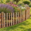 Hazelaarhouten tuinhek in een gebogen vorm langs een bloementuin met lavendel en margrieten, KI gemaakt.