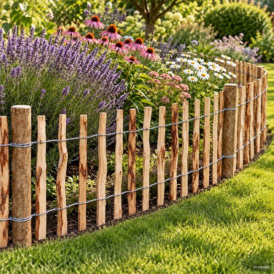 Hazelaarhouten tuinhek in een gebogen vorm langs een bloementuin met lavendel en margrieten, KI gemaakt.