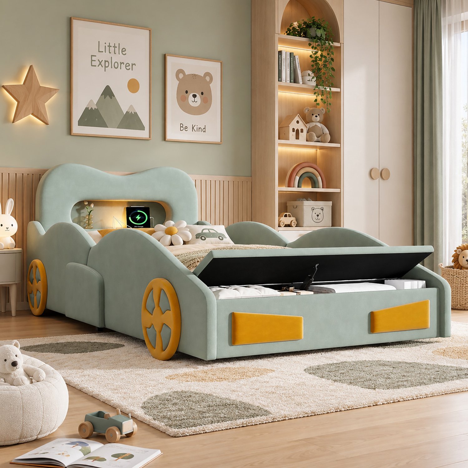 FloraGrace Kinderbed 90 x 200 cm - Autobed Met Leeslamp en Laadaansluiting - Opbergruimte Aan Voeteneinde - Flanel - Zonder Matras - Groen