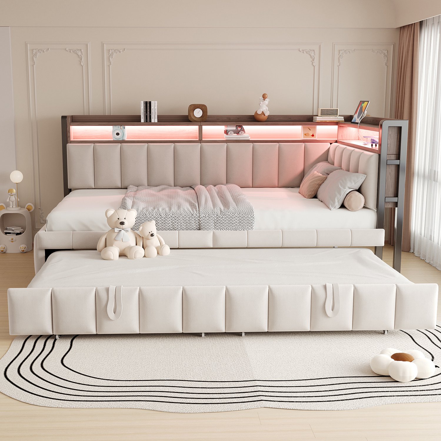 MIVRAY Slaapbank 90x200 cm - Uitschuifbed Met Led en Oplaadpunten - Opbergruimte voor Woon- en Logeerkamer - Velours - Beige - Zonder Matras