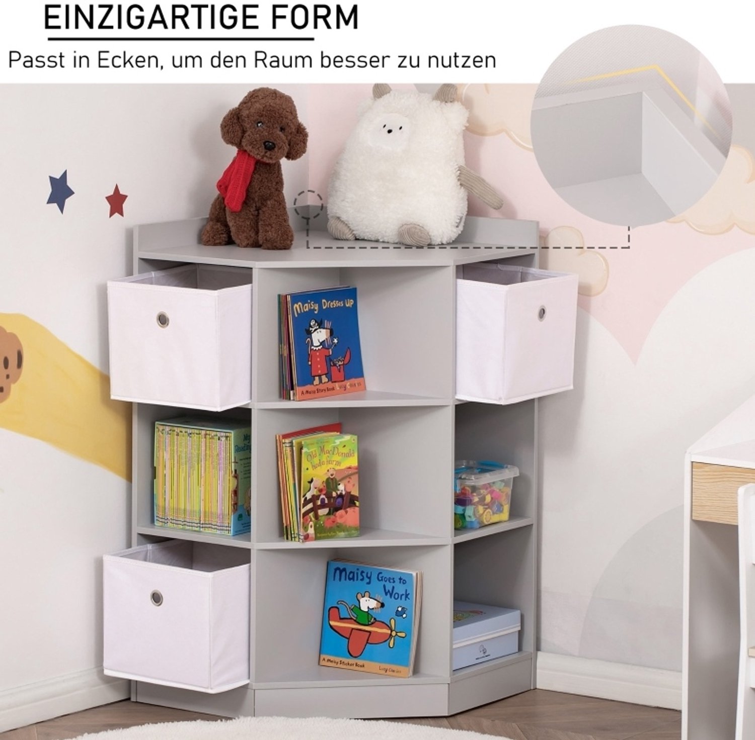 MIVRAY Kinderhoekrek – 57,4 x 57,4 x 94 cm – Negen Vakken Met Drie Opbergboxen – MDF – Grijs – Kinderkamerorganisatie