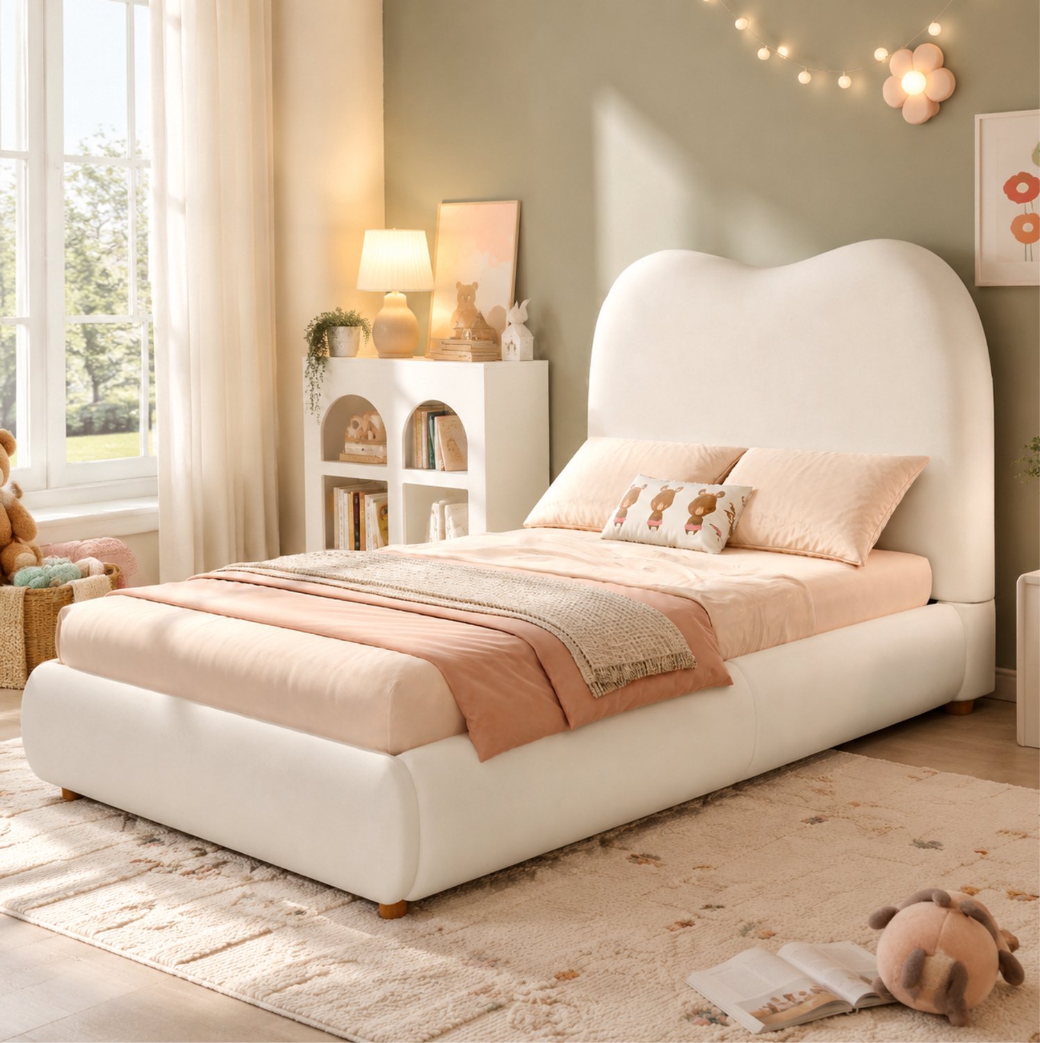 MIVRAY Kinderbed 90 x 190 cm - Eenpersoonsbed Met Hydraulische Opbergruimte en Lattenbodem - Zonder Matras - Voor Kinderkamer - Fluweel - Beige