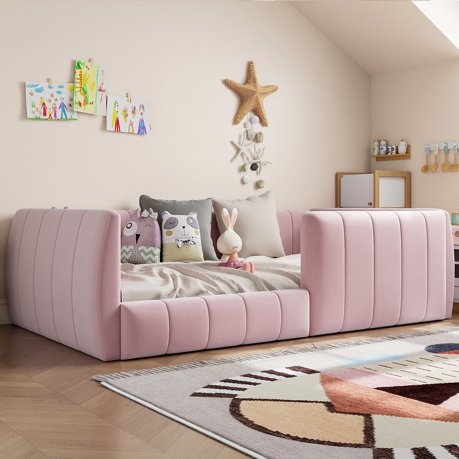 Kinderbed, Eenpersoonsbed, 90 x 200 gestoffeerd platformbed met veiligheidsleuning, Roze