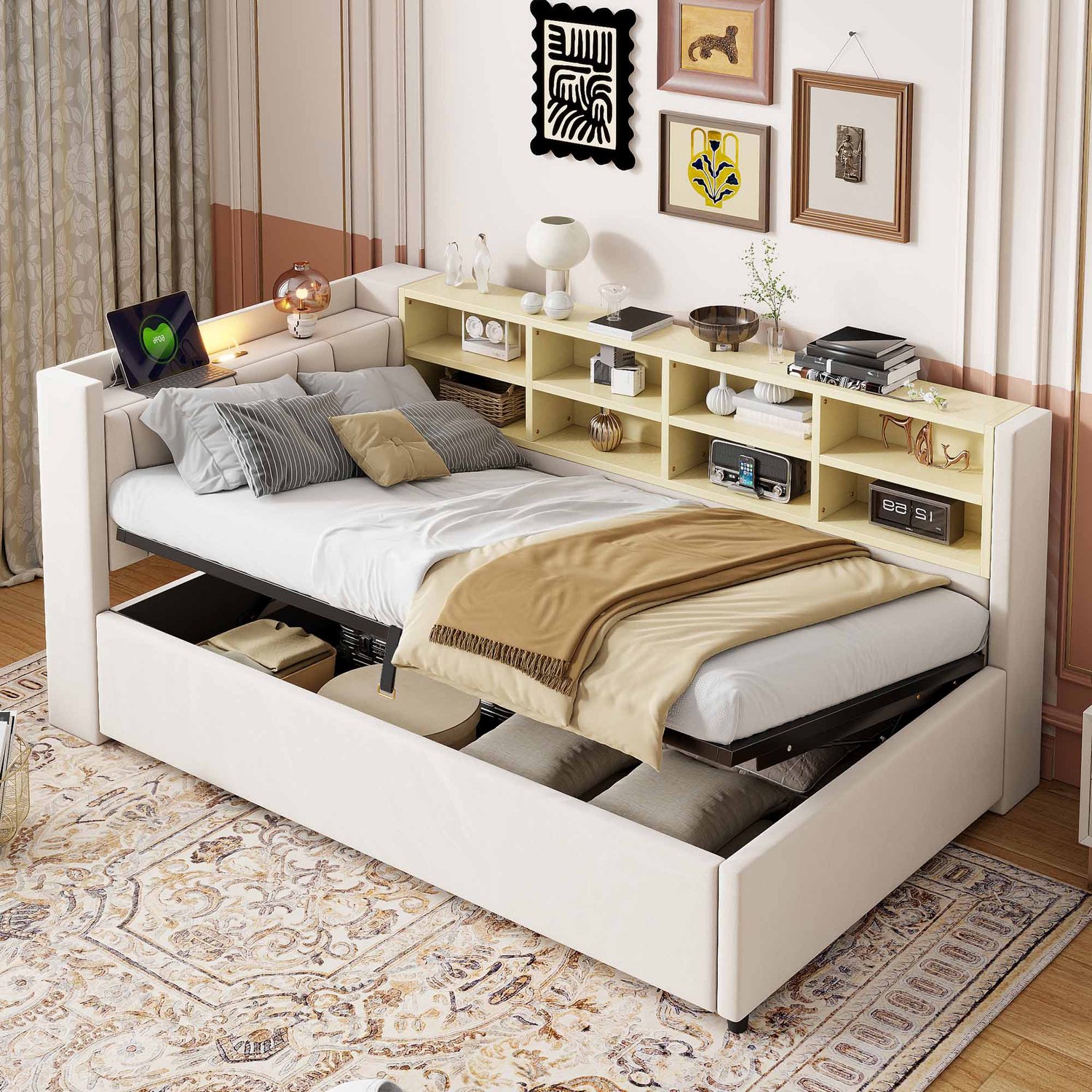 OOIILLEE Gepolsterd bed slaapbank 90*200 cm, met hydraulische opbergruimte, met nachtlampje, USB- en Type-C-laadaansluiting, met legborden en opbergvakken, gepolsterd hoofdeinde, multifunctioneel bed, fluweelstof, beige