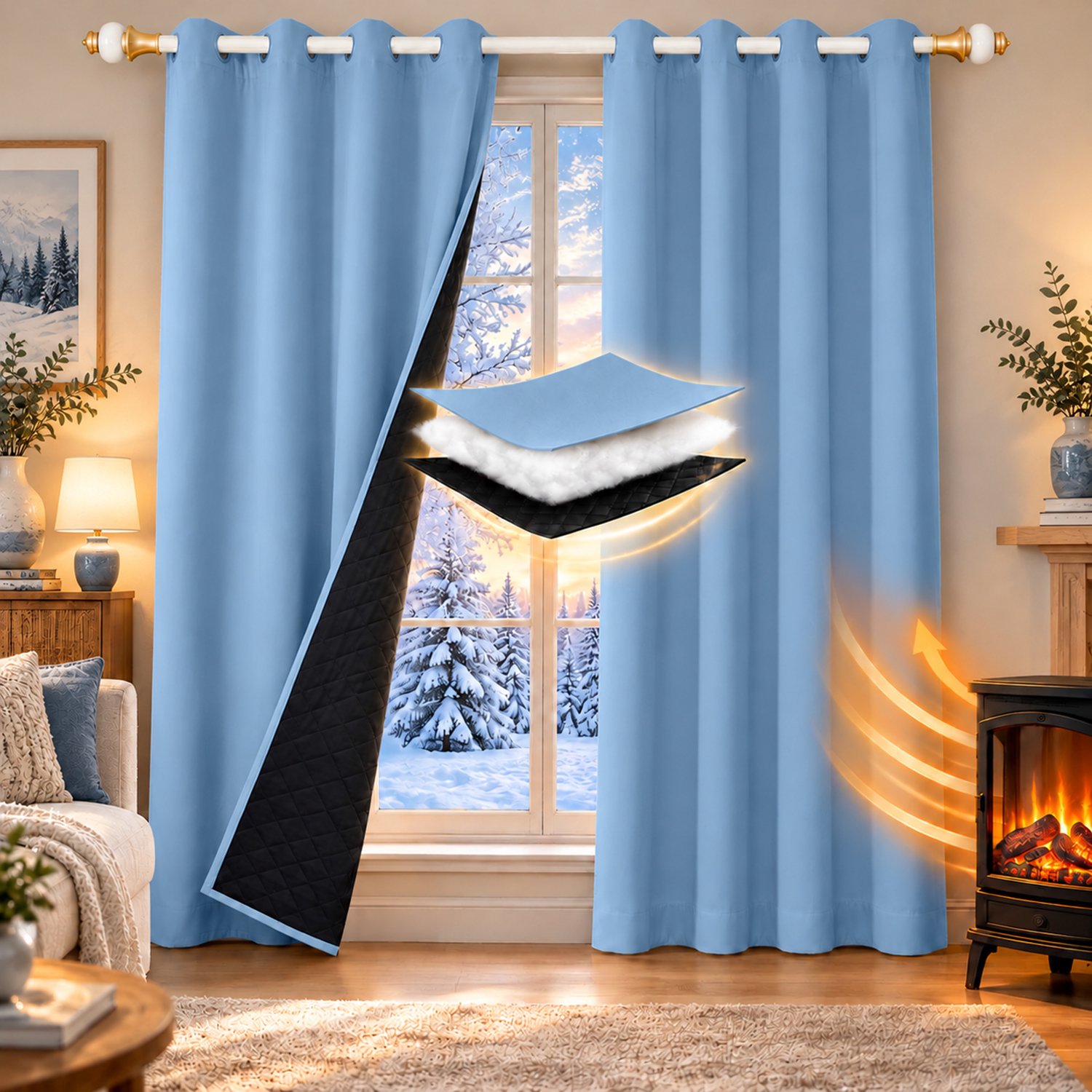 Qelus Set van 2 Gewatteerd Polyester Gordijn met Ringen - Blauw - 132 x 213 cm - 3-laags Thermisch, Geluidsdempend en Lichtwerend - Zwarte Voering - Voor de Slaapkamer, Woonkamer en Binnendeuren Blauw - 2 Stuks