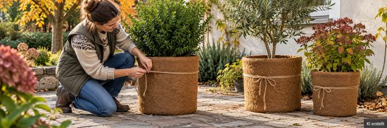 Vrouw knoopt een touw rond een ronde kokosvezel plantenpot naast andere plantenpotten op een stenen ondergrond.