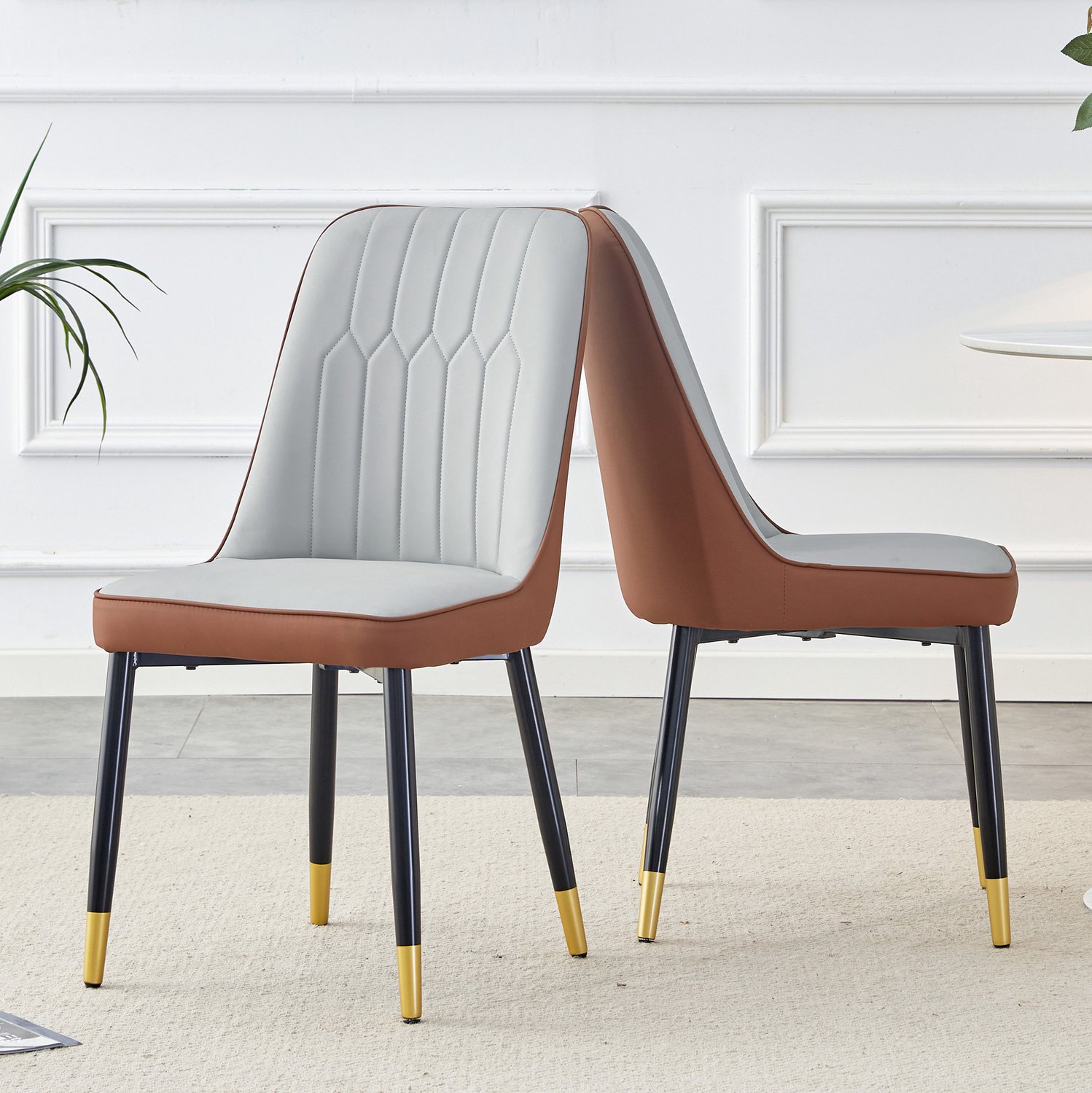 CHICFURN Eetkamerstoel - Set van 2 - Kunstleer - Lichtgrijs en bruin Zwart