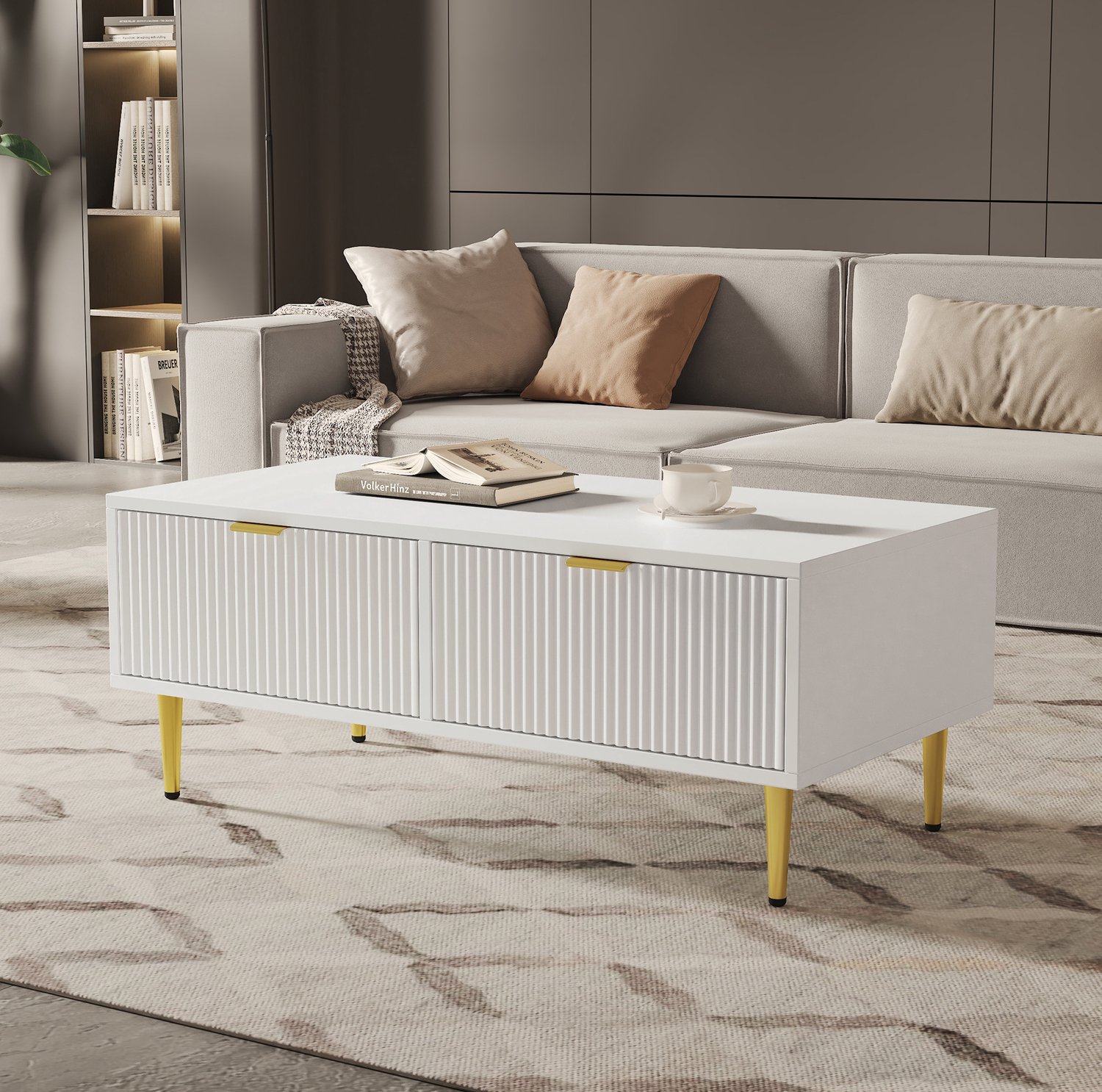 Maisentiel Salontafel 100 x 50 x 40 cm met 2 lades, MDF, wit met gouden accenten