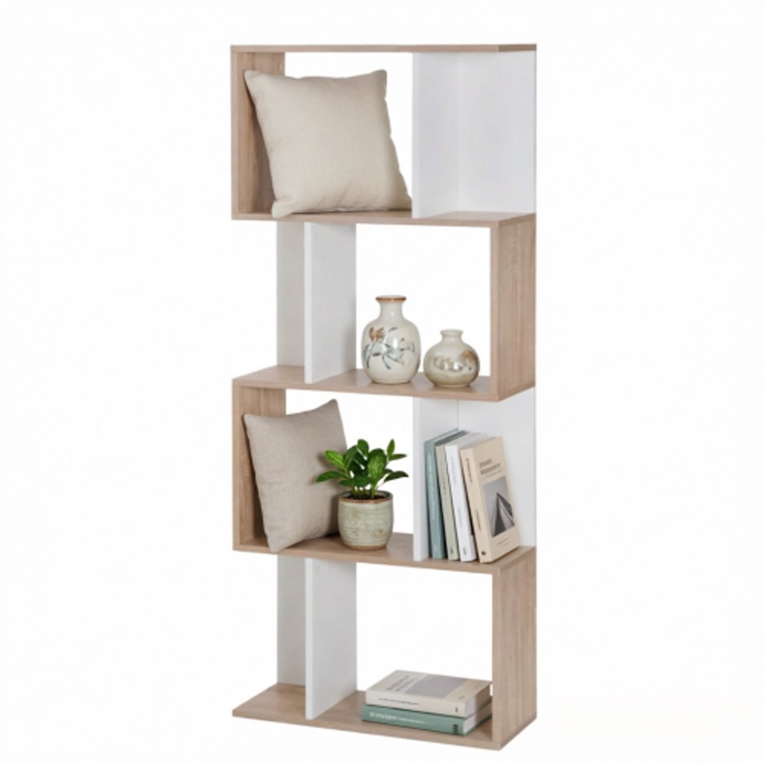 S-vormig boekenrek met 5 open vakken, minimalistisch displayrek in natuurlijk hout en wit, 60 × 24 × 148 cm