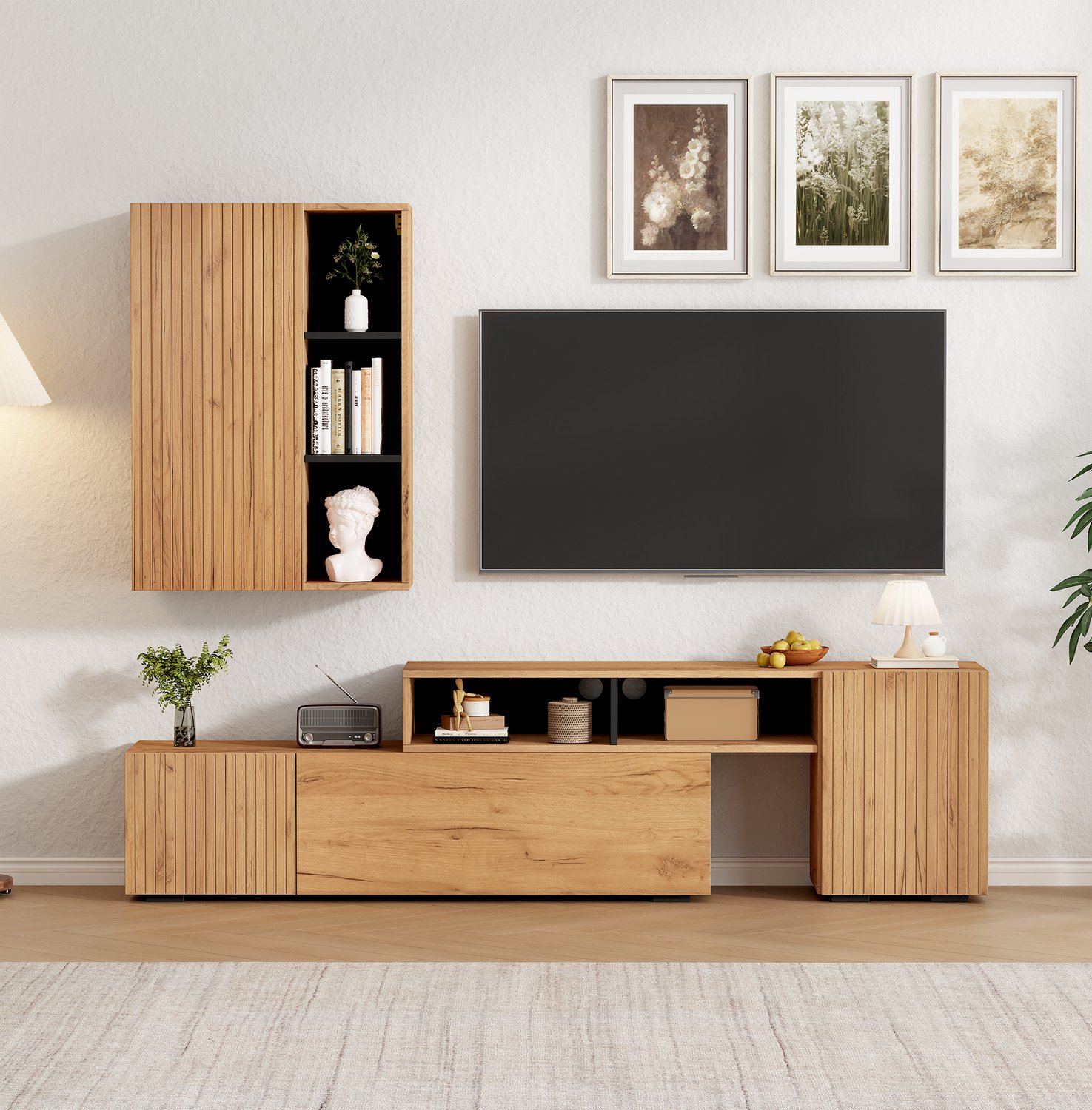 TV-wandmeubelset 174 tot 265 cm - Uitschuifbaar TV-meubel - Wandkast - Staand of hangend - 4 deuren - Houtkleur en zwart