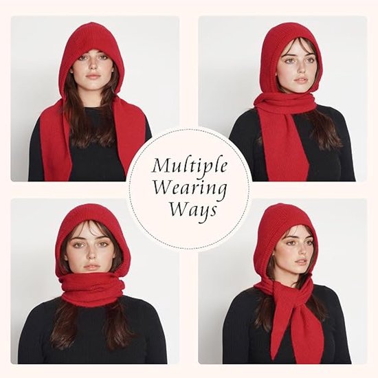 Vier stijlen van de rode, geribbelde gebreide sjaal met capuchon op een model. Tekst: Multiple Wearing Ways.