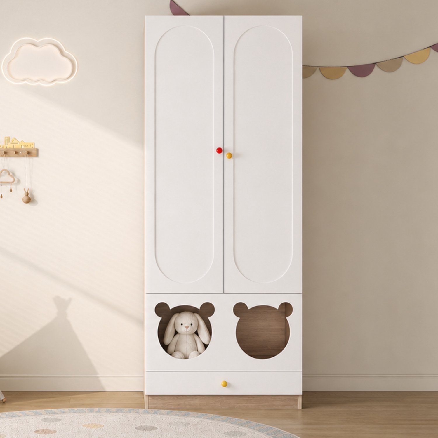VVBV Kinder kledingkast / Kledingkast kinderkamer / Kledingkast kind 80x50x200 cm – Lades, Kledingstang, 2 Deuren – voor Kinderkamer – MDF / Naturel/Wit