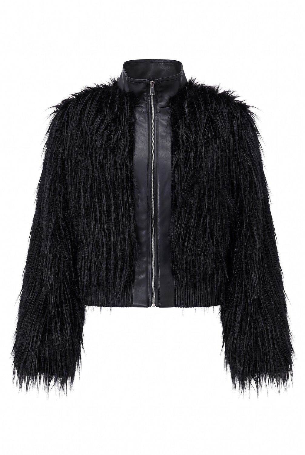 Ulla Popken - Dames - Jas van imitatiebont classic fit details van kunstleer - Zwart - Maat 46+