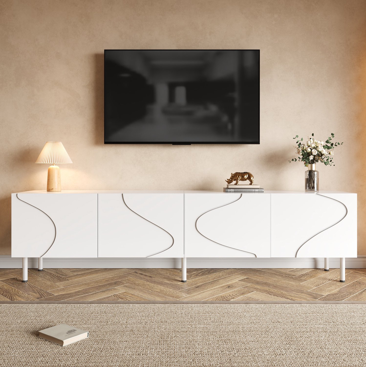 WUVRIE TV-meubel 170x35x50 cm - 4 deuren met push-to-open en kabeldoorvoeren - Wit