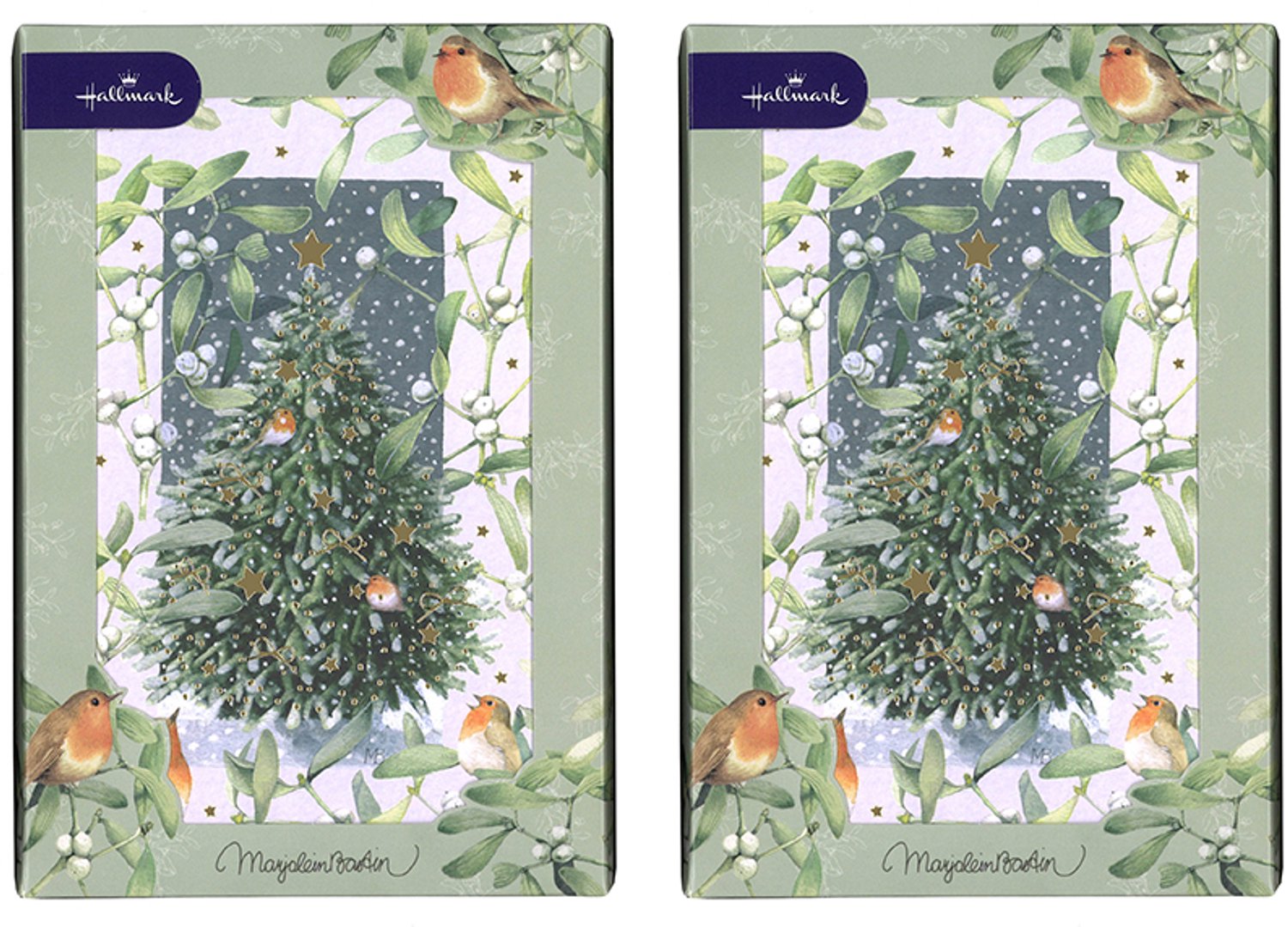 Hallmark - Marjolein Bastin - 20 Kerstkaarten - 2 doosjes - Denneboom - Goudfolie - Kerst - Nieuwjaar - 12,5 x 18 cm