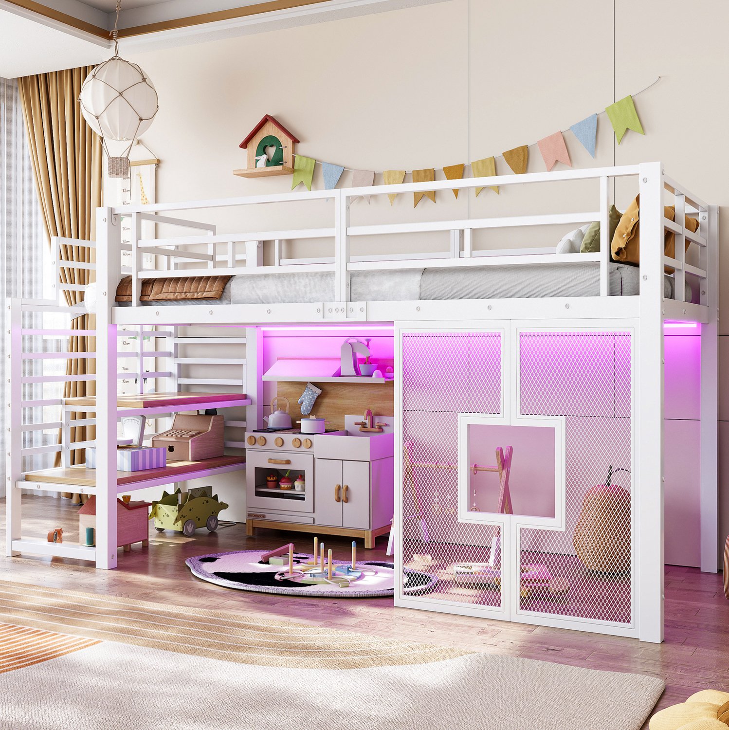 WUVRIE Hoogslaper 90x200 cm - Met trap, 2 opbergvakken en LED-verlichting - Wit