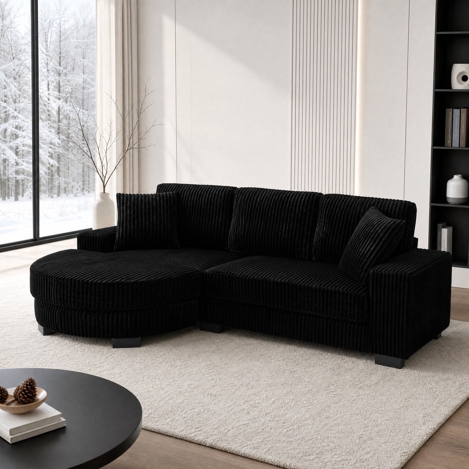 Wishdor Hoekbank - 4-zits met verwisselbare ovale hocker - Modulair L-vormig ontwerp - 2 sierkussens - Klassieke corduroy - Woonkamer appartement kantoor - Zwart - 256,5 x 133,5 x 89 cm