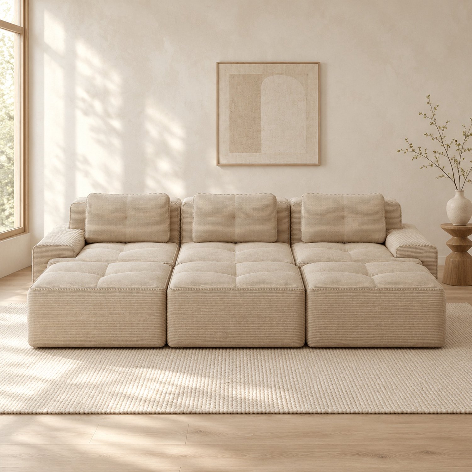WUVRIE Modulaire hoekbank 293x177 cm - 3-zits met slaapfunctie en 3 hockers - Beige