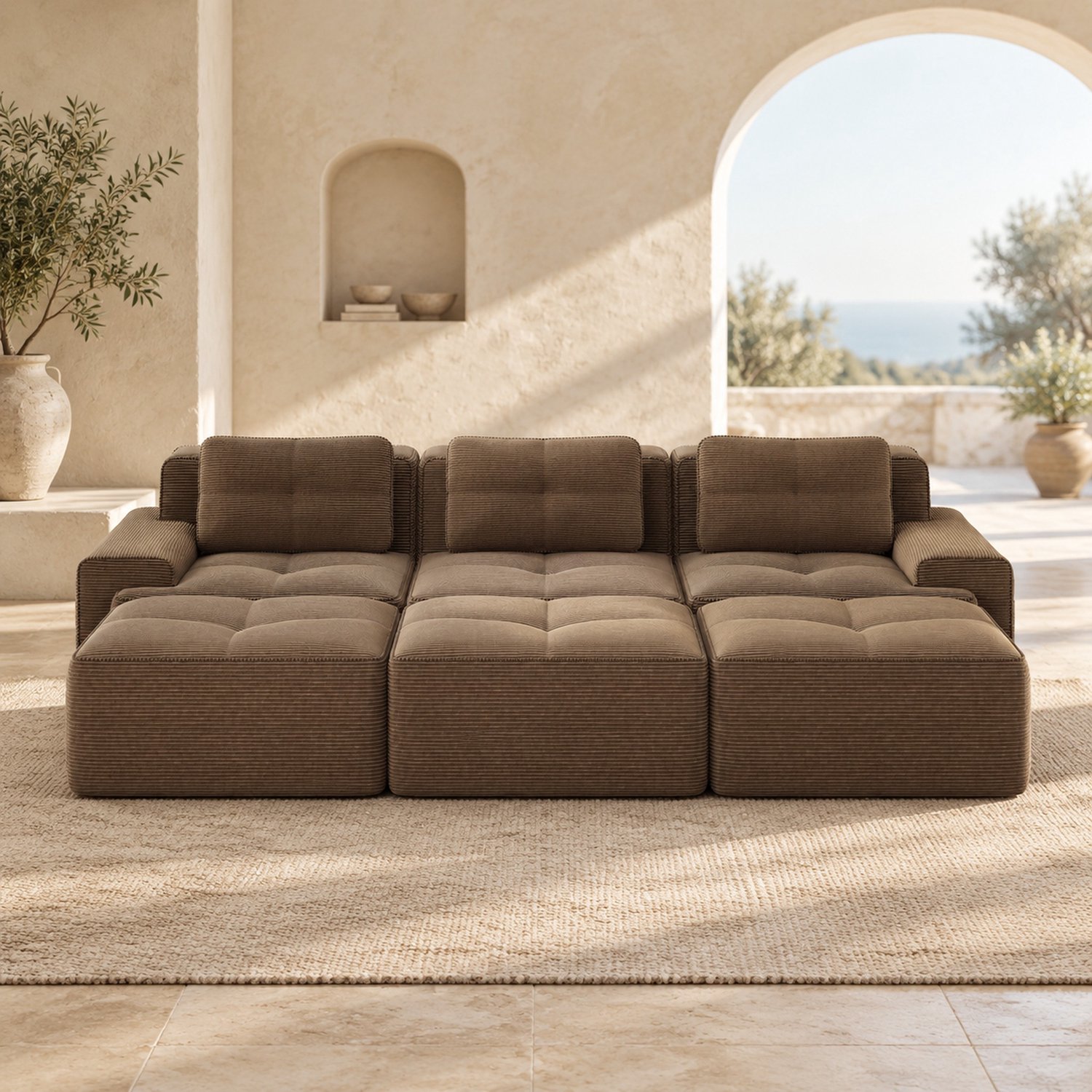 WUVRIE Modulaire hoekbank 293x177 cm - 3-zits met slaapfunctie en 3 hockers - Bruin