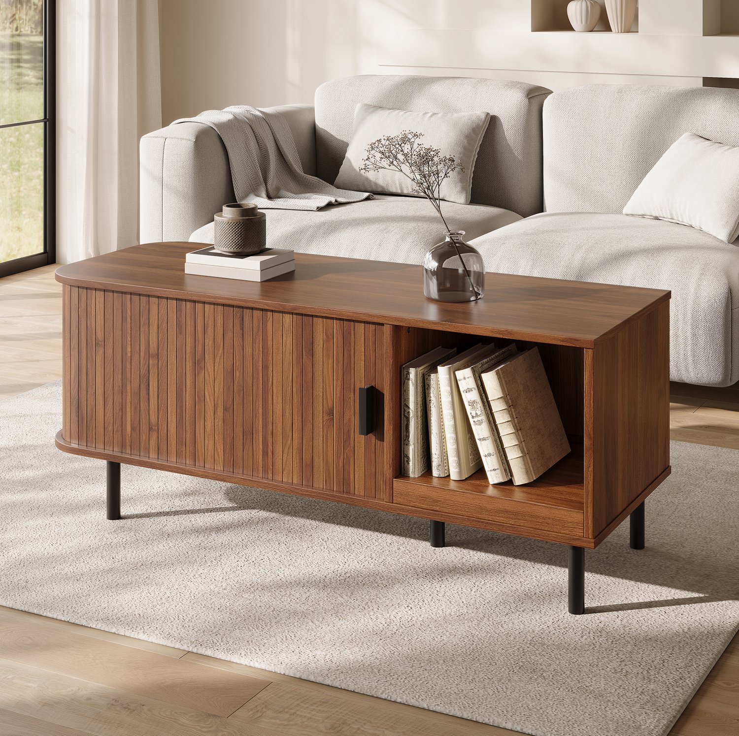 Maisentiel Salontafel 110 x 40 x 55 cm met schuifdeur en open vak - MDF - walnootkleur