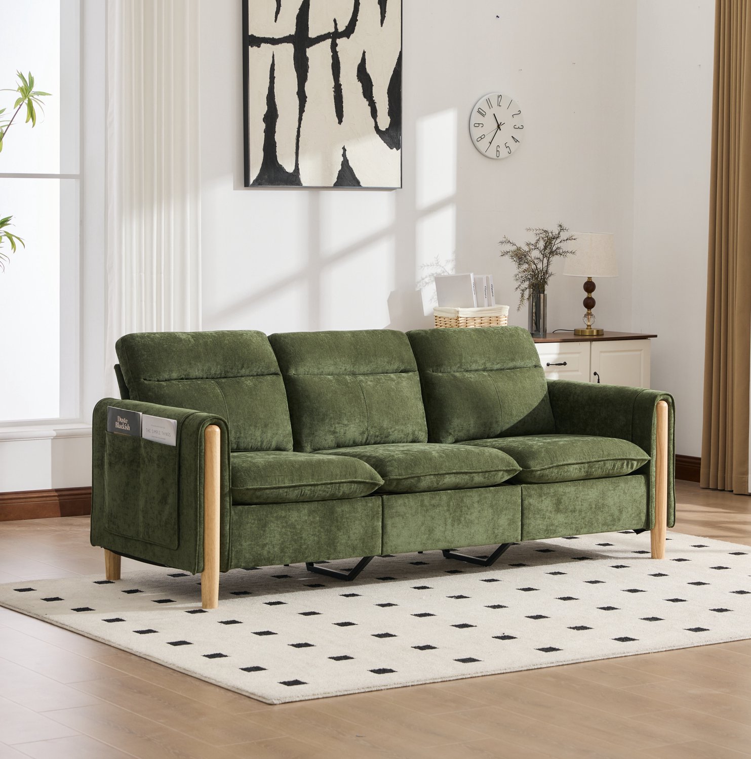 Wishdor Hoekbank 3-zits met opberghocker - Omkeerbare chaise longue - Zijvakken - Scandinavische stijl - Woonkamer kleine ruimtes - Chenille - Groen - 201 x 77 x 86 cm