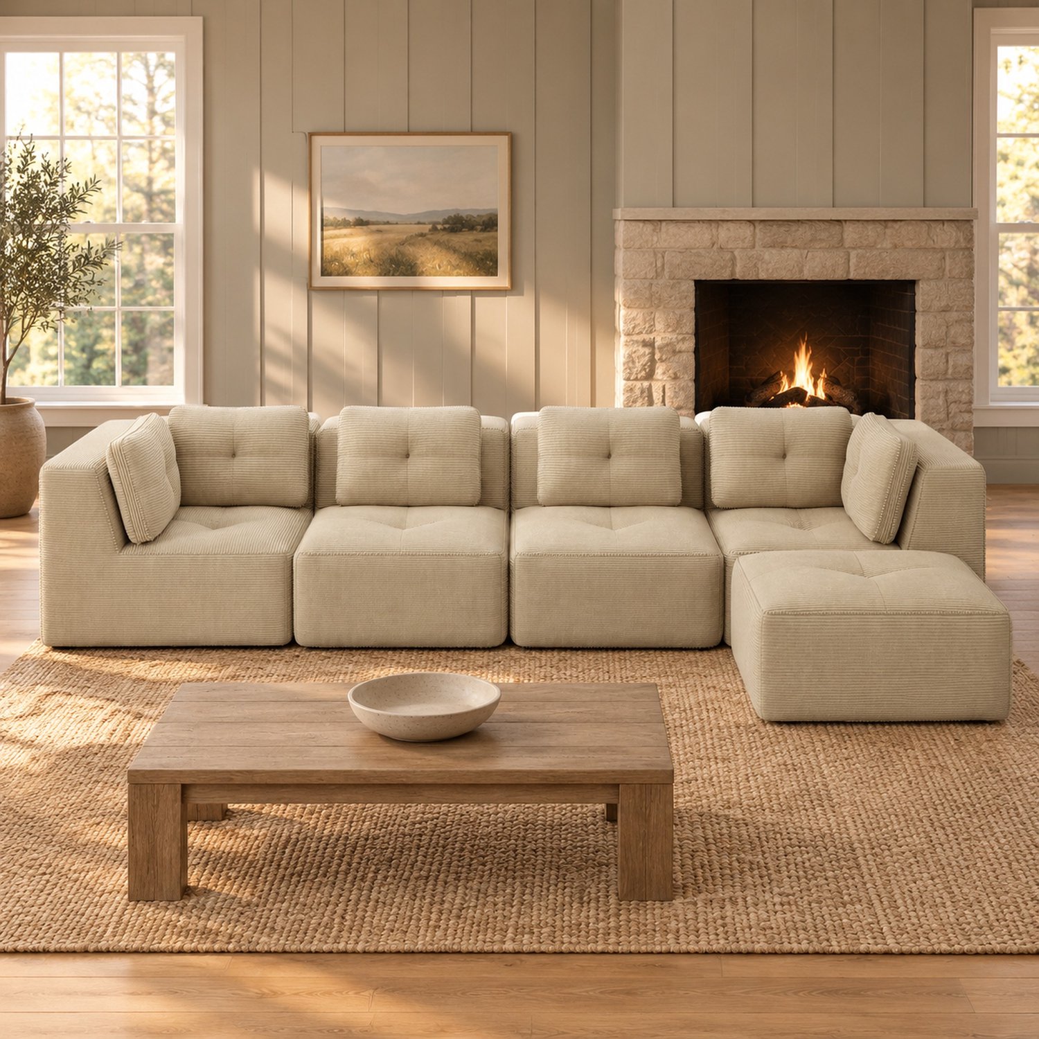 WUVRIE Modulaire hoekbank 386x177 cm - 4-zits met diepe zit en corduroy bekleding - Beige