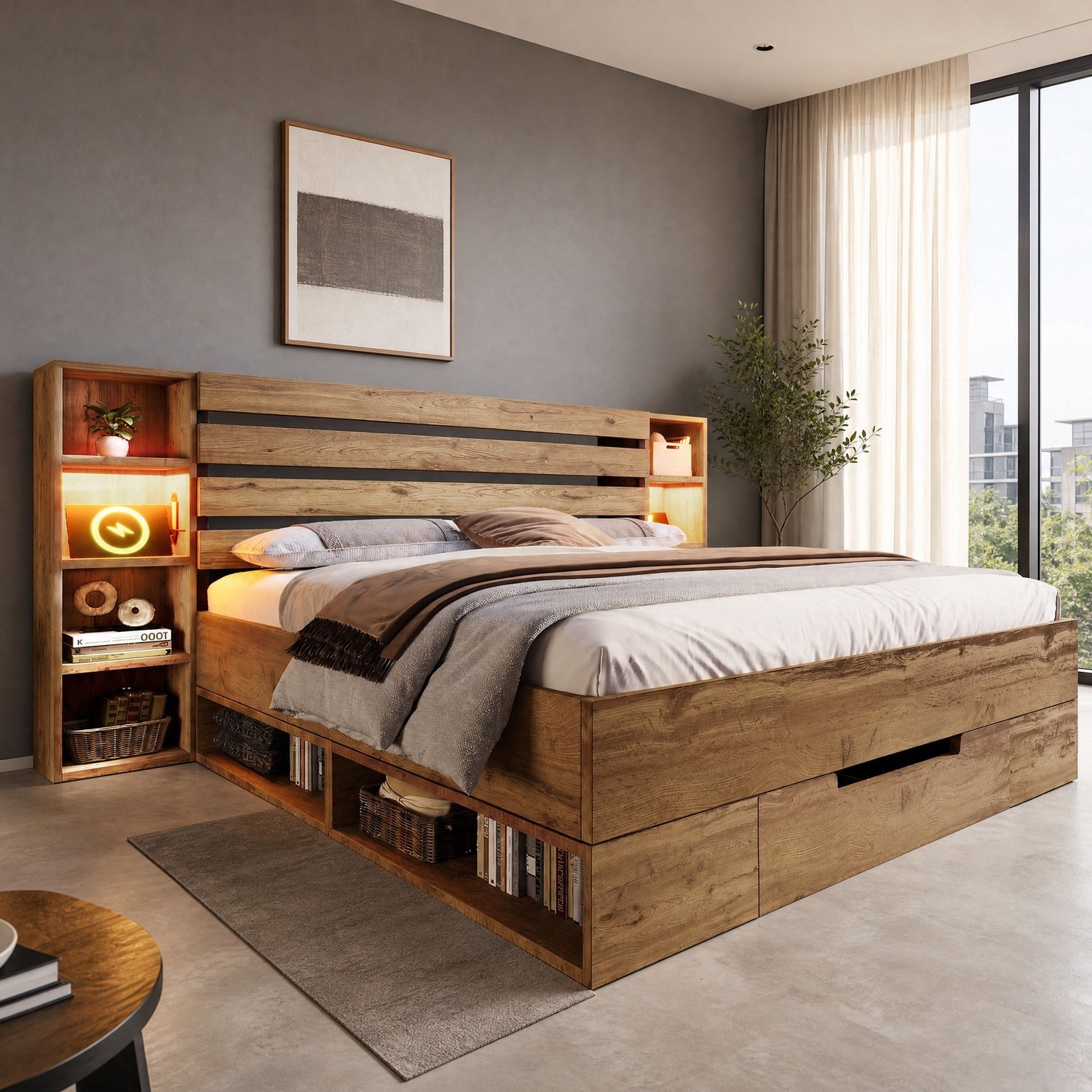 COVREO Tweepersoonsbed met LED – 160x200 cm – Bedframe met USB-C en laden – Slaapmeubel voor slaapkamer – Eik - zonder matras Eiken