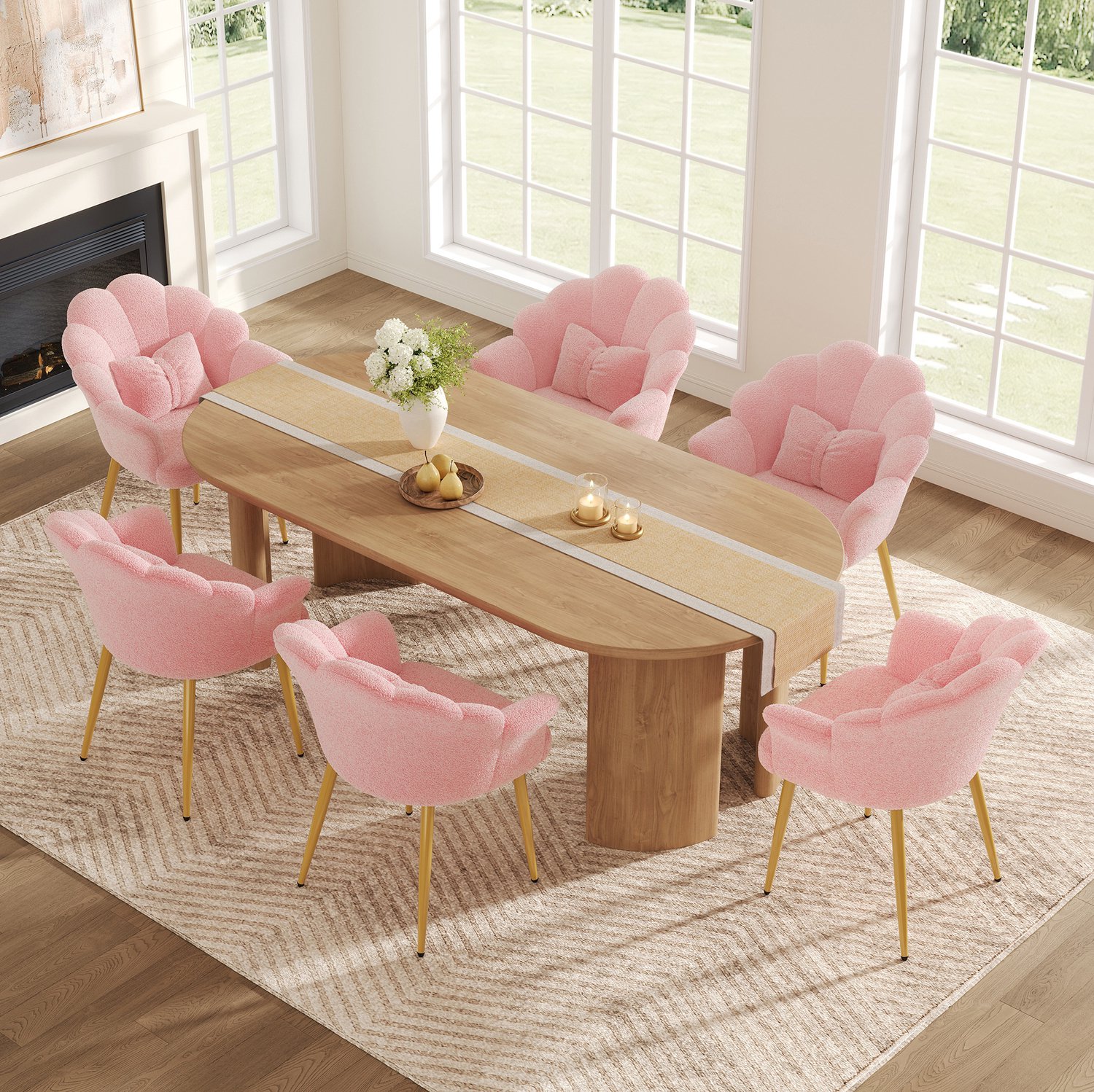 OKWISH Eetkamerstoel - Set Van 6 - Bloemvormige Rugleuning - Teddystof - Roze