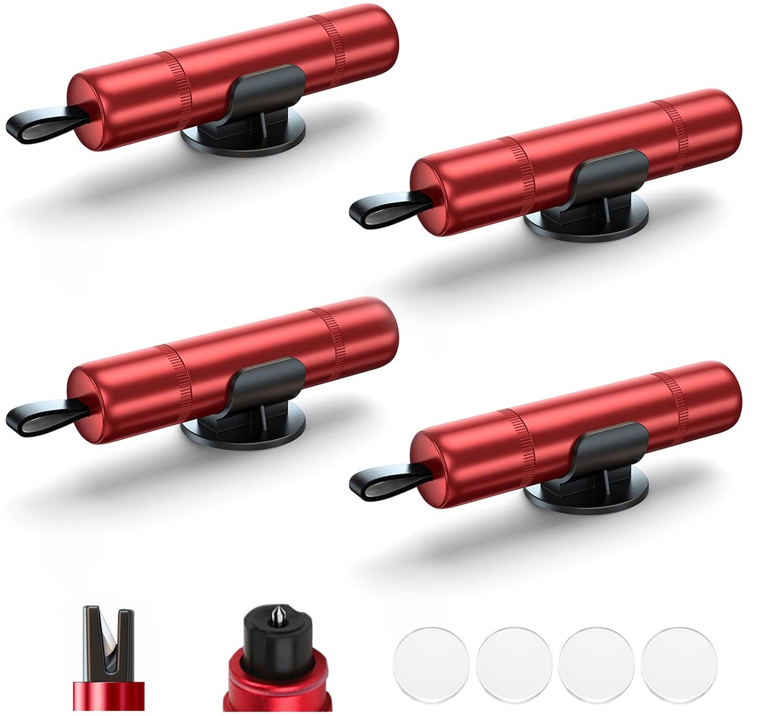 Ruitenbreker - Auto Veiligheidshamer - 4 stuks - 2 in 1 Safety Hammer - Veiligheidshamer - Noodhamer - Autoaccessoires - Gordelsnijder - Auto Hamer - Gordelsnijder - Autohamer - Inclusief Testglas en Plakhouder - Veiligheid - Rood