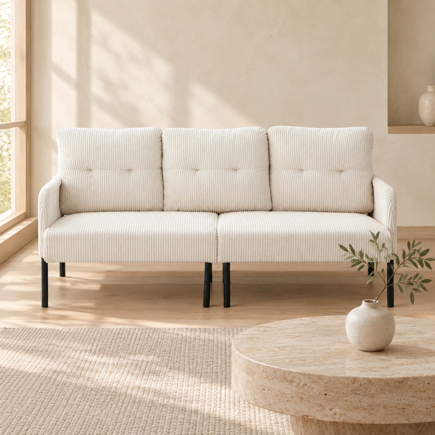 WUVRIE 3-zitsbank 171x72x80 cm - Hoge rugleuning en zijvak - Beige cord