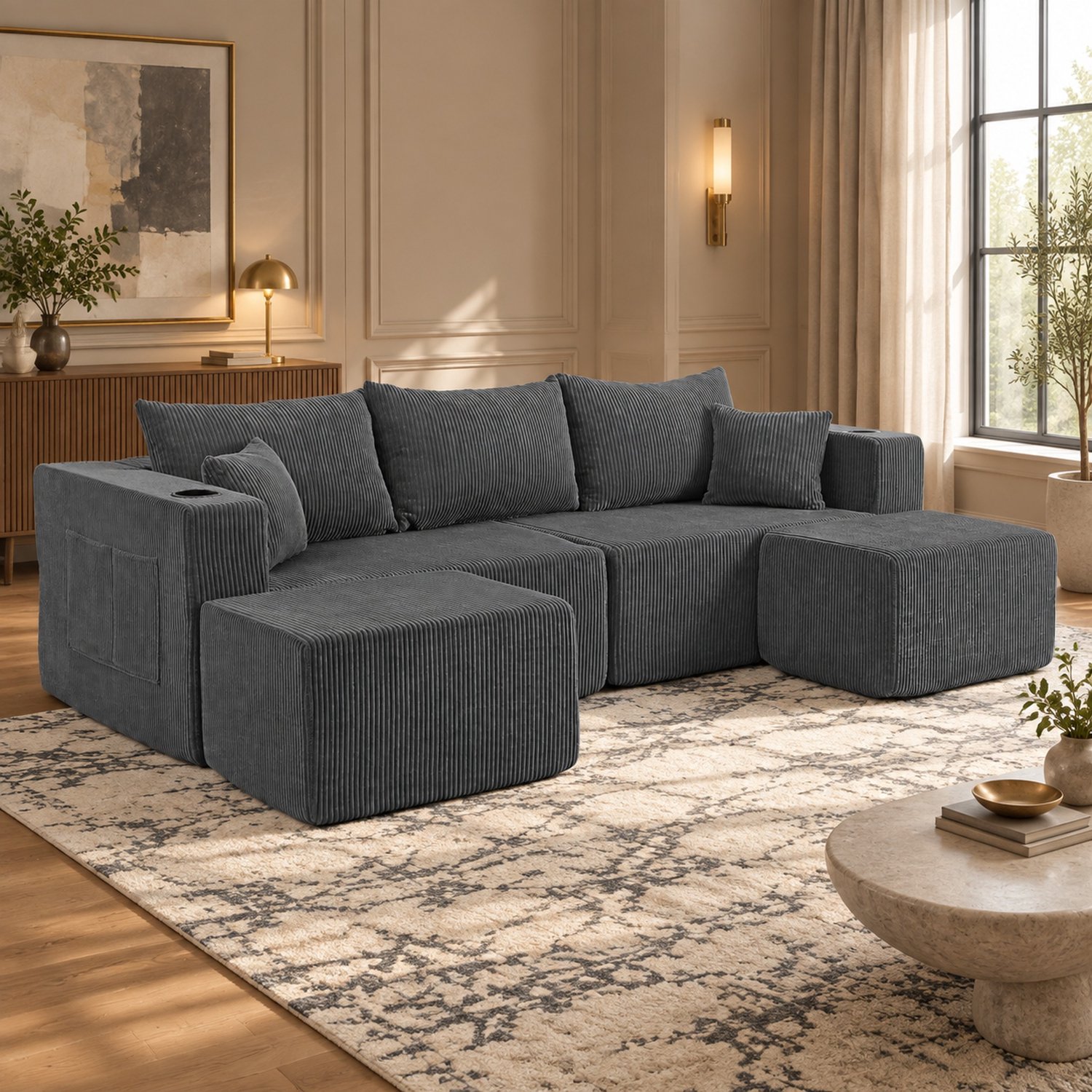 WUVRIE Modulaire hoekbank 230x138 cm - 3-zits L-vorm met 2 verplaatsbare ottomanen - Grijs
