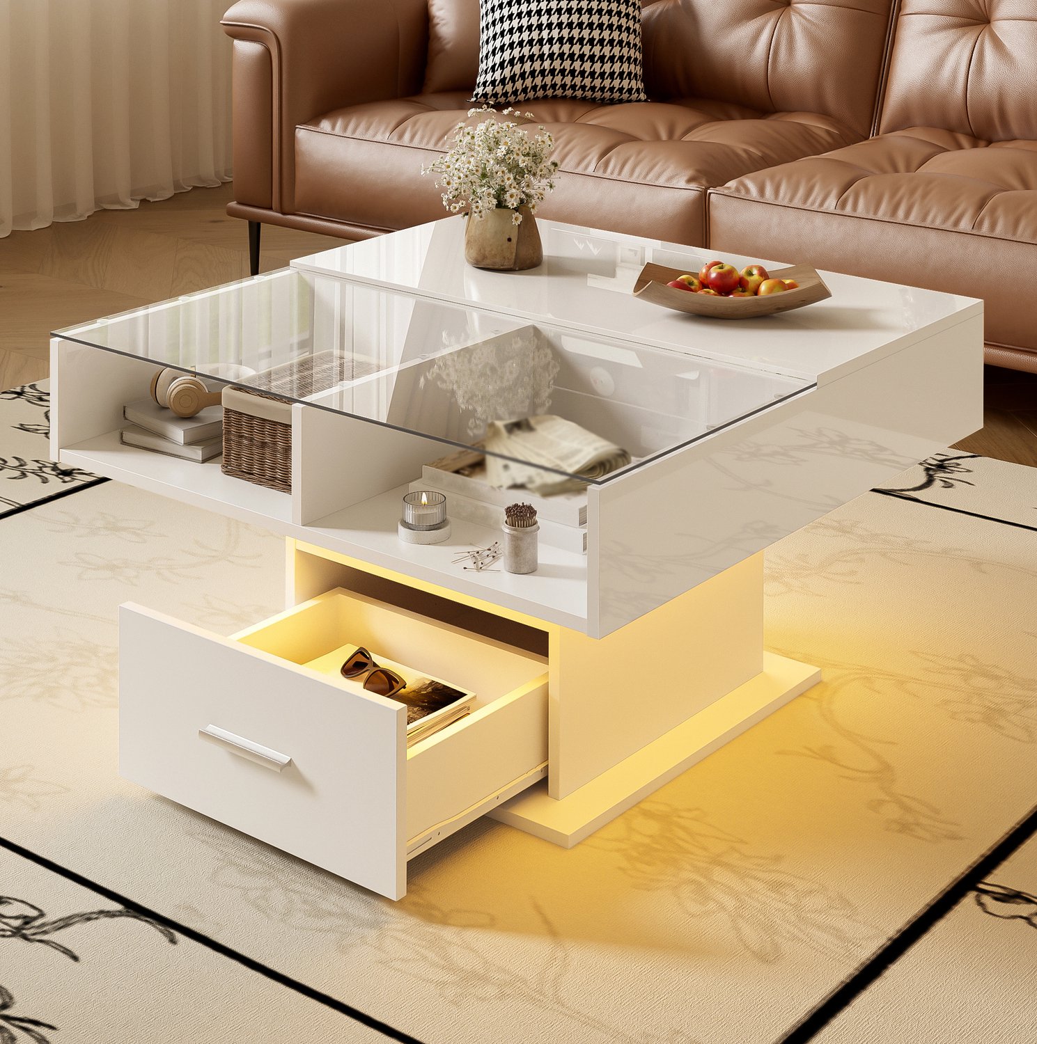 Maisentiel Salontafel 78 x 78 cm met verstelbaar blad, LED, spaanplaat, hoogglans wit
