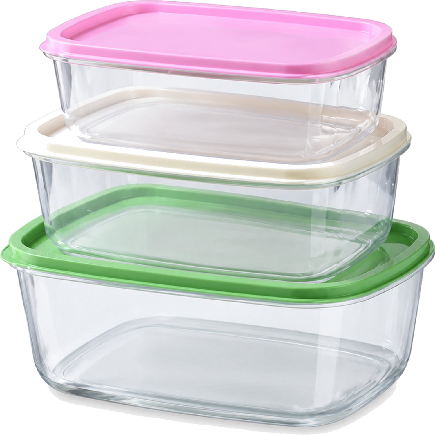 Set van 3 rechthoekige transparante bewaarbakjes met deksels voor koelkast- en keukenopslag