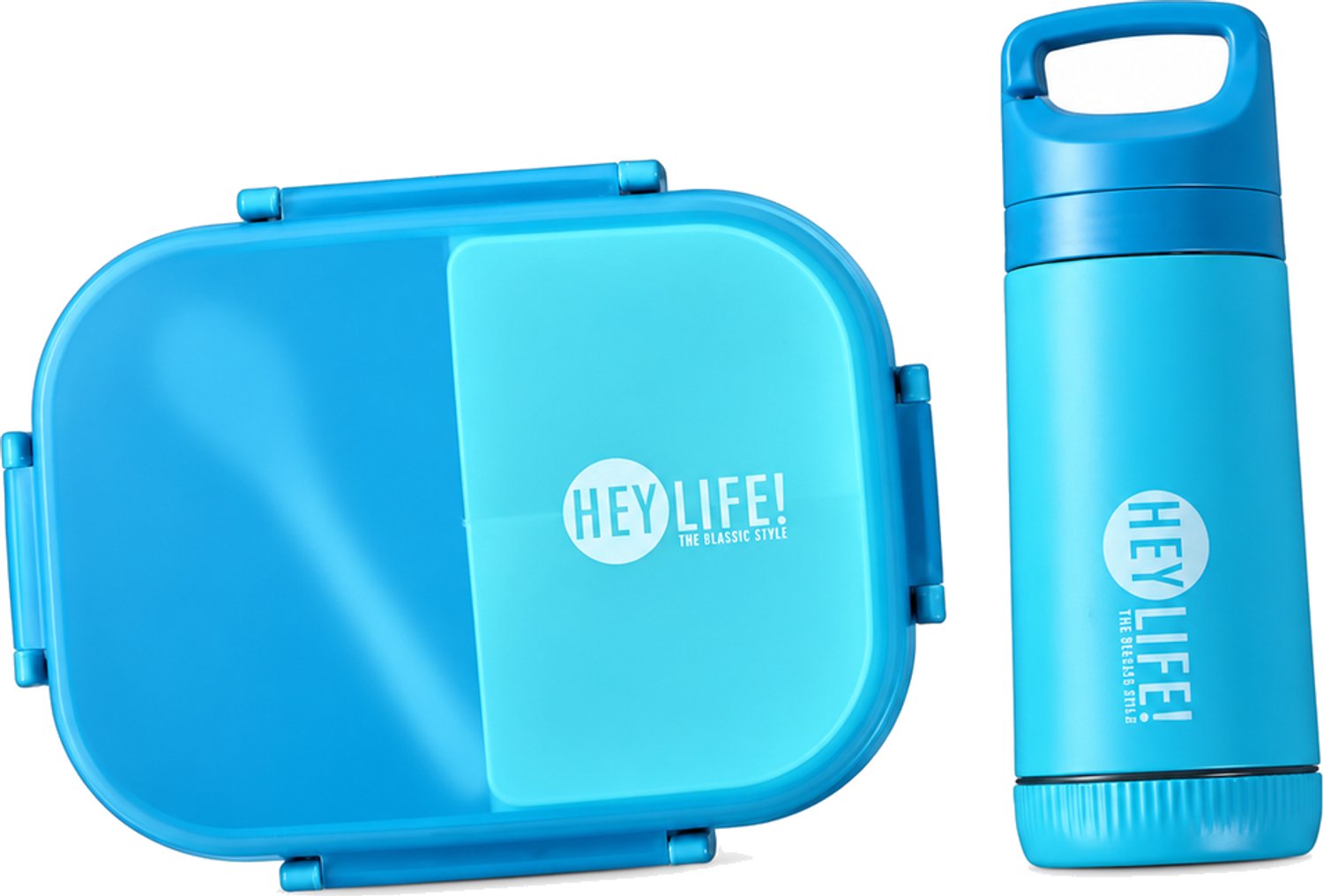 Broodtrommelset met drinkfles, blauw, rechthoekig, 3 vakken en sluitclips