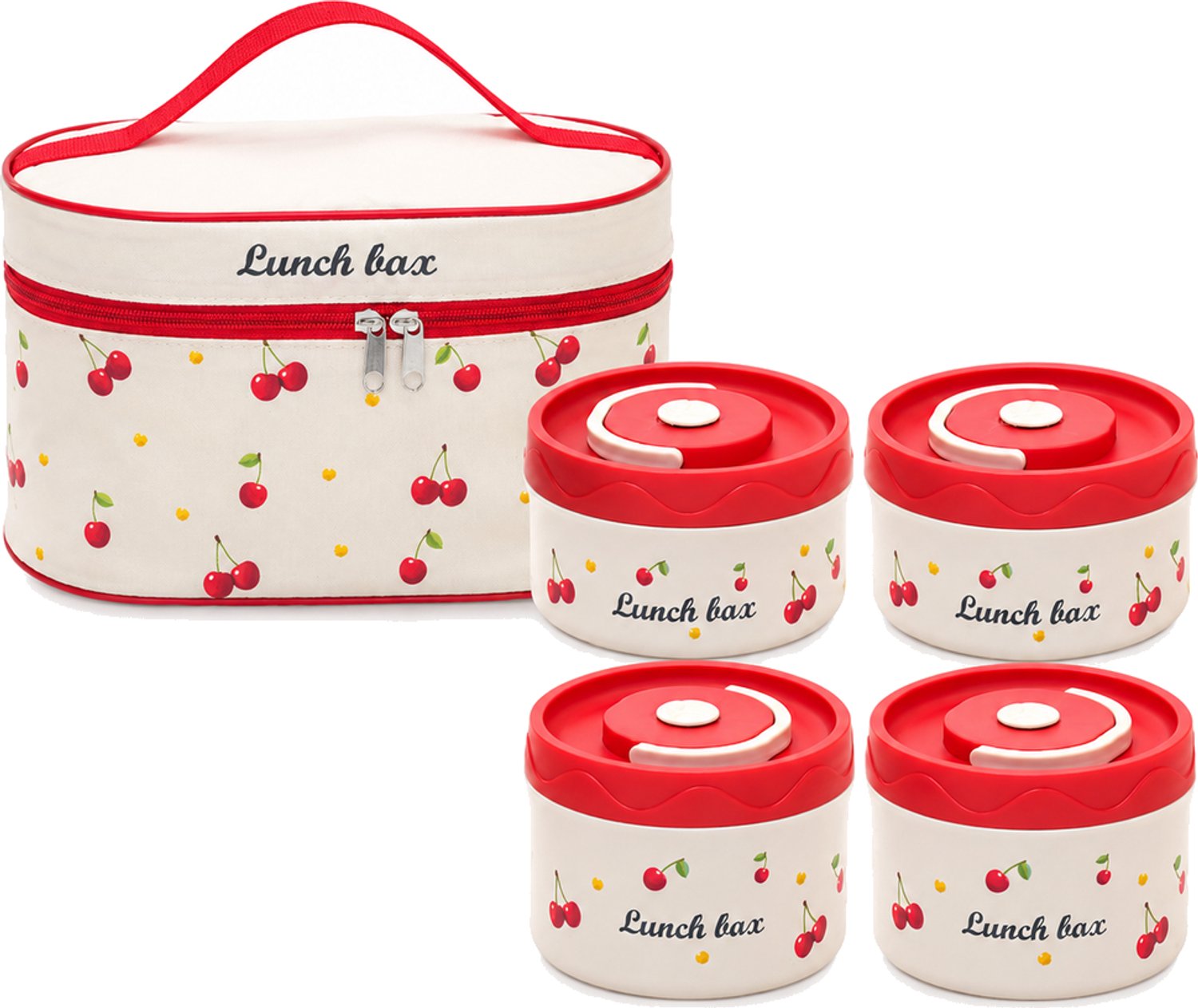 Broodtrommelset van 316 roestvrij staal, 4 stuks met geïsoleerde draagtas en kersenmotief, 2 × 440 ml en 2 × 600 ml