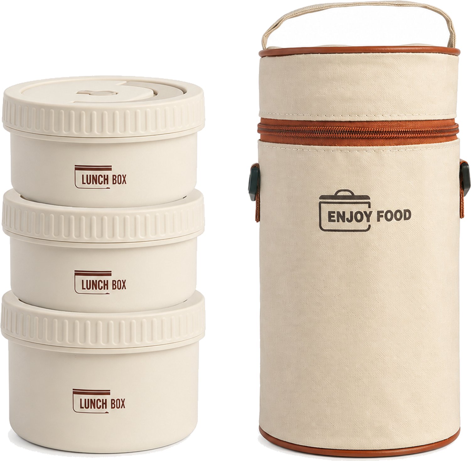 Broodtrommelset van 316-roestvrij staal, 3 ronde lunchboxen (2 × 470 ml en 1 × 600 ml) met draagtas, beige