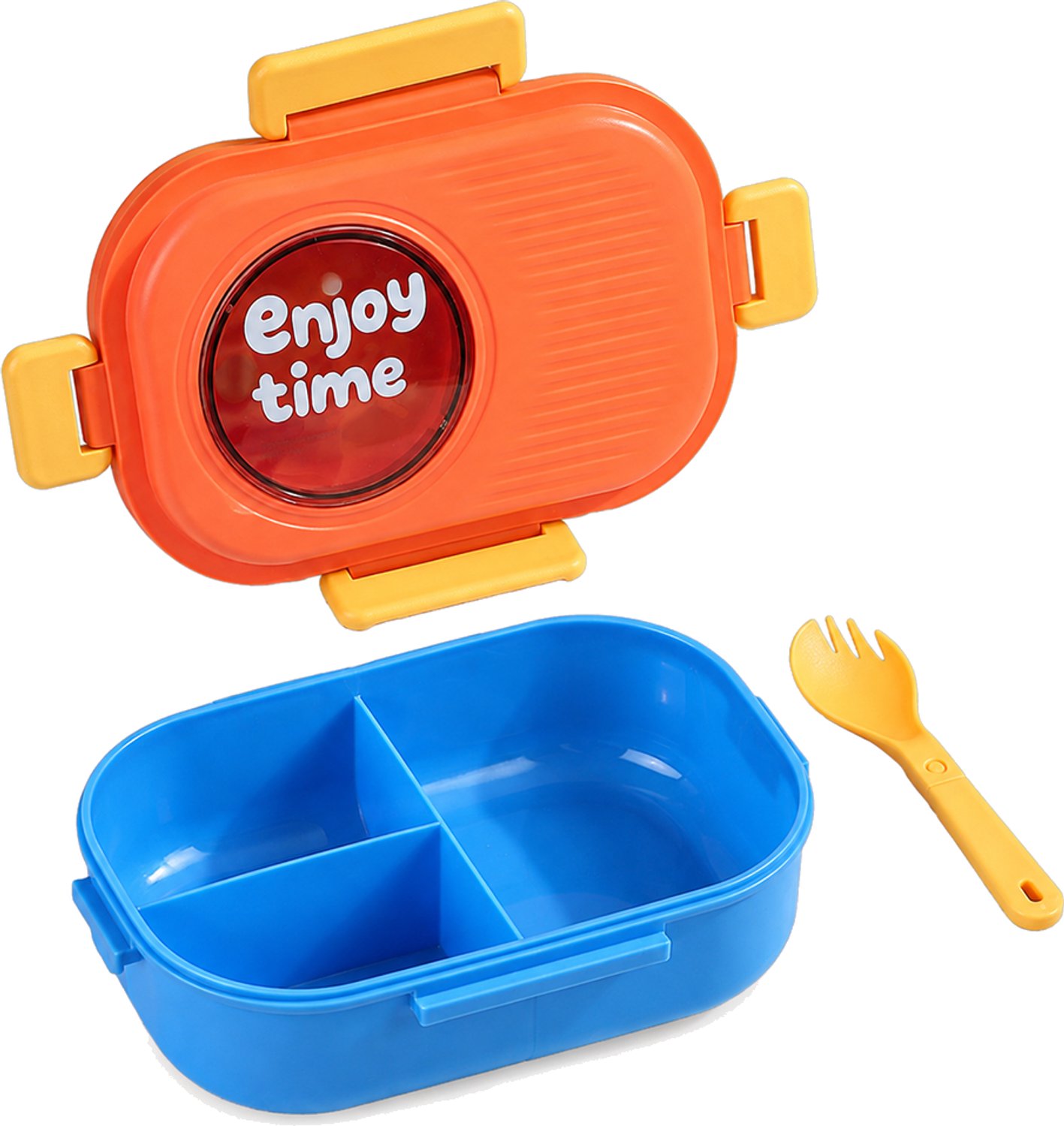 Broodtrommel met 3 vakken, inhoud 1000 ml, blauwe PP-bodem, oranje deksel en zijclips, verpakt in een OPP-zak en kraftpapieren doos