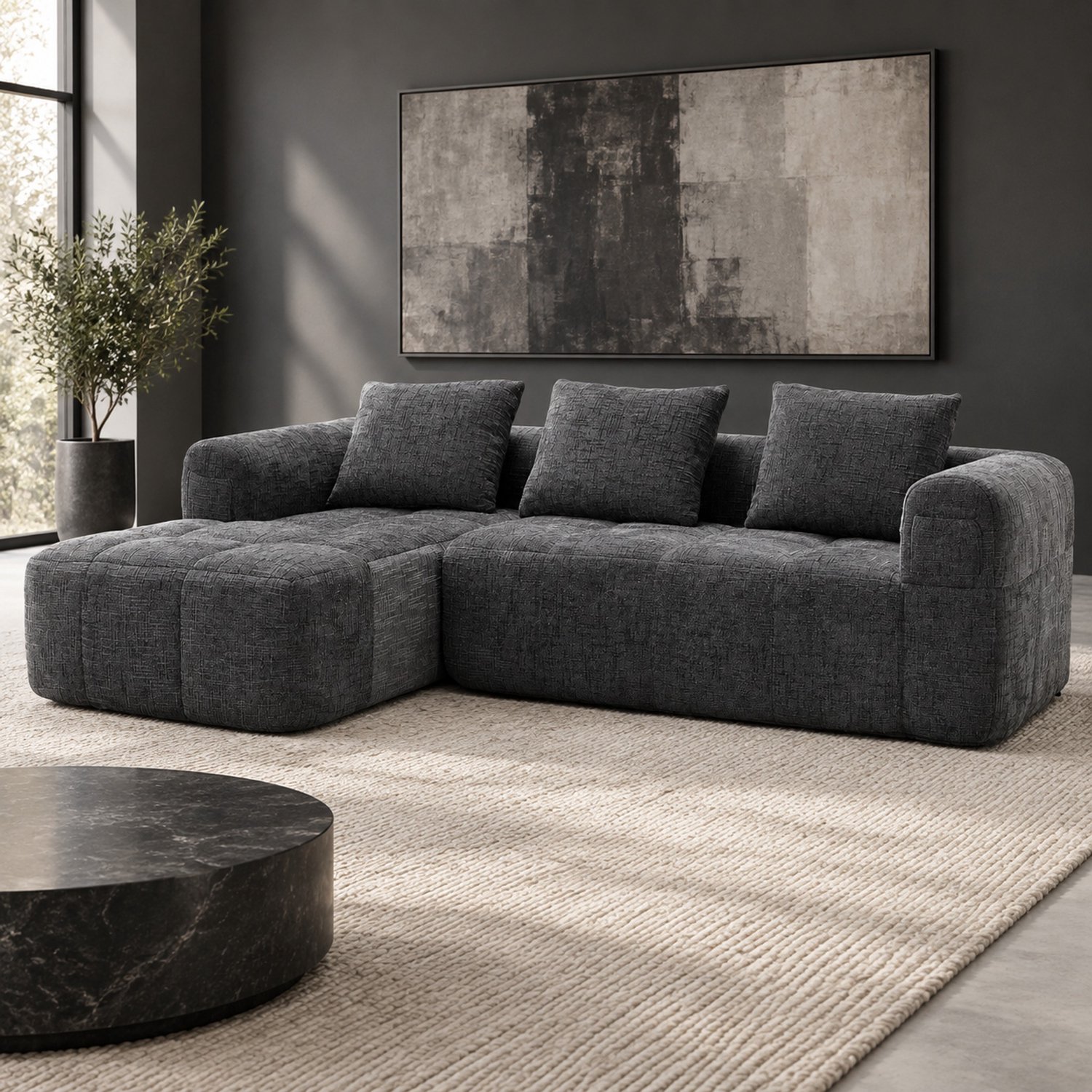 WUVRIE Hoekbank 250x158 cm - 3-zits met chaise longue, zijvakken en 3 kussens - Grijs