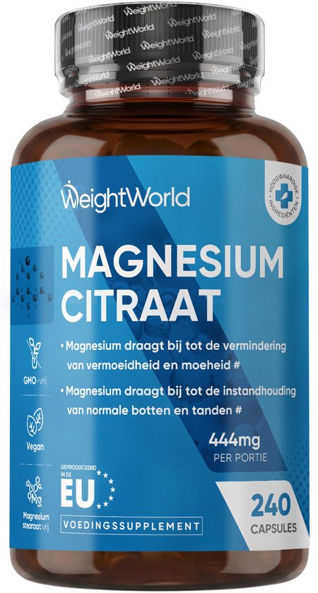 Bruine fles WeightWorld Magnesium Citraat met blauw etiket, 240 capsules, GMO-vrij, veganistisch en EU-geproduceerd.